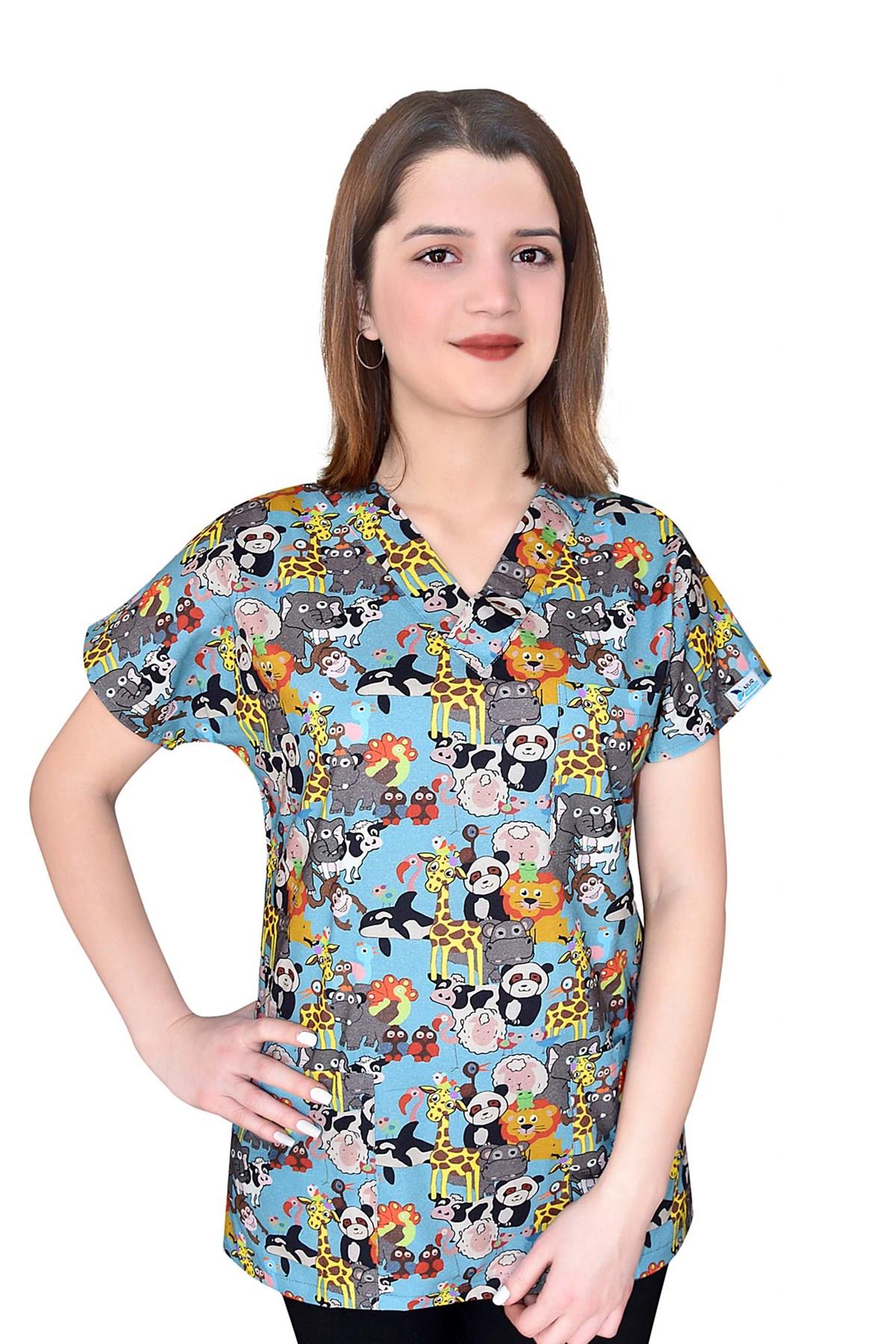 Hayvanat Bahçesi Desenli Pamuklu Master Likra Tek Üst Forma-Nur Medikal Giyim