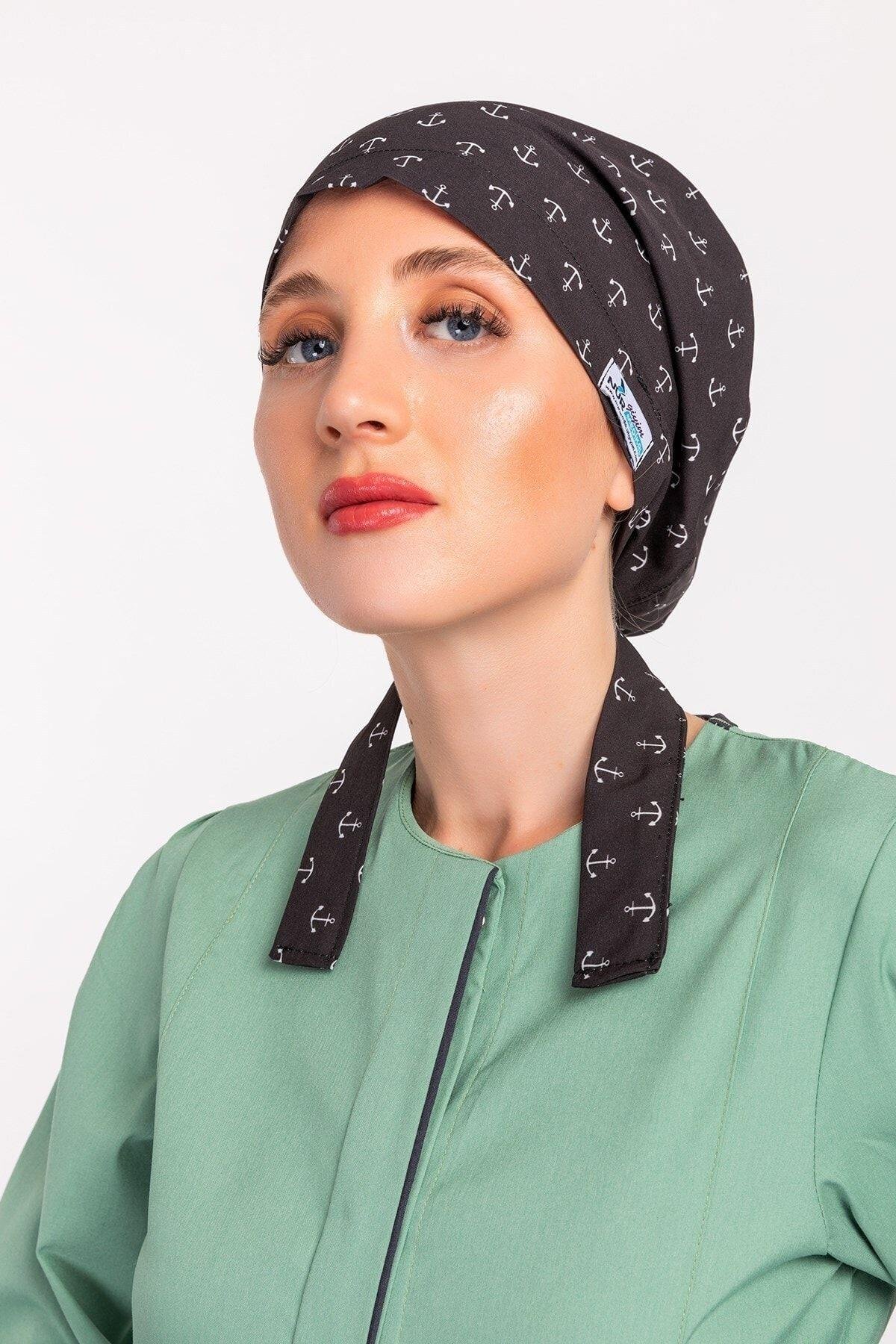 Kadın Çapa Desenli Tesettür Hemşire Doktor Hastane Bonesi-Nur Medikal Giyim