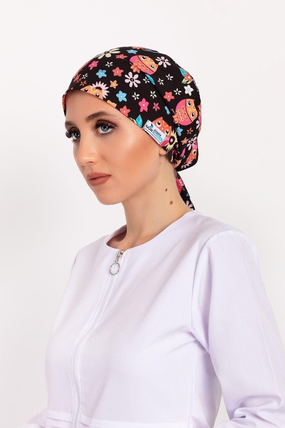 Kadın Çiçekli Baykuş Desenli Tesettür Doktor Hemşire Hastane Aşçı Cerrahi Bone-Nur Medikal Giyim