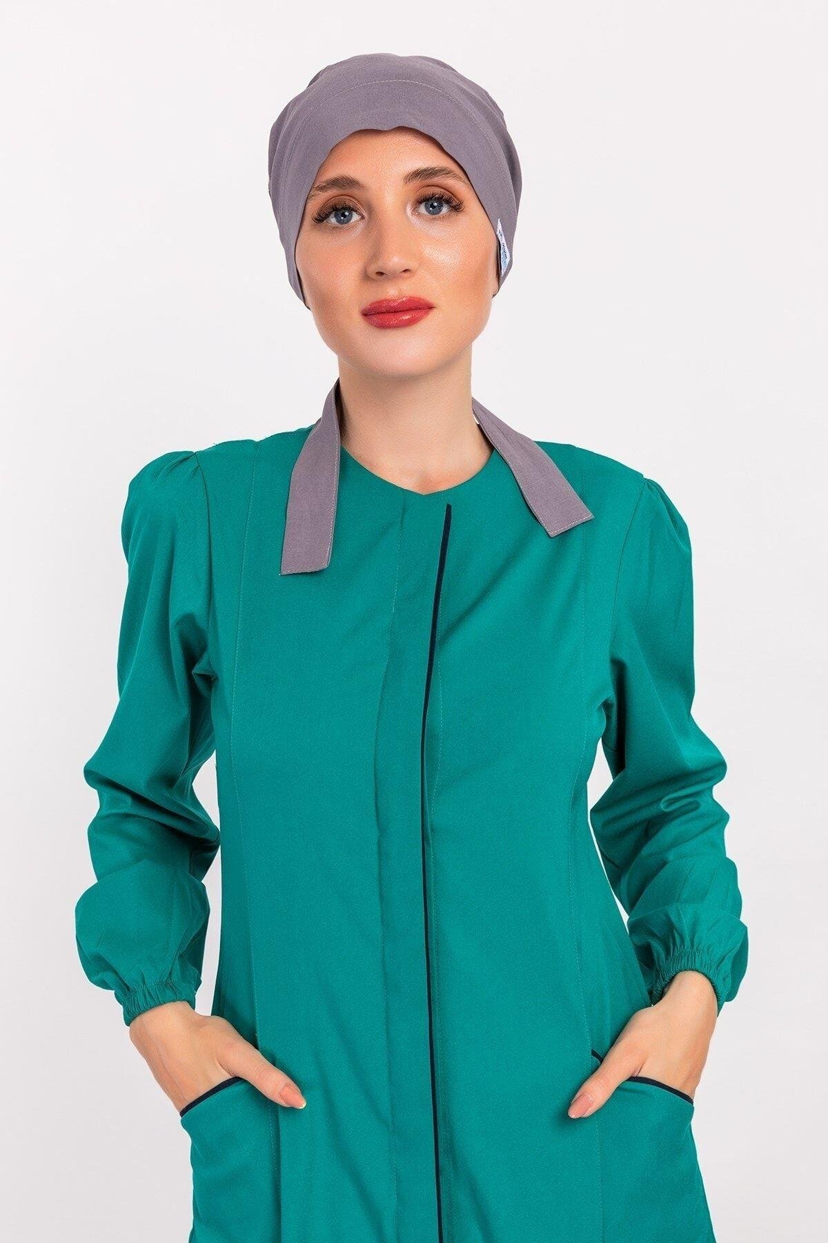 Kadın Düz Gri Desenli Tesettür Doktor Hemşire Hastane Aşçı Cerrahi Bone-Nur Medikal Giyim