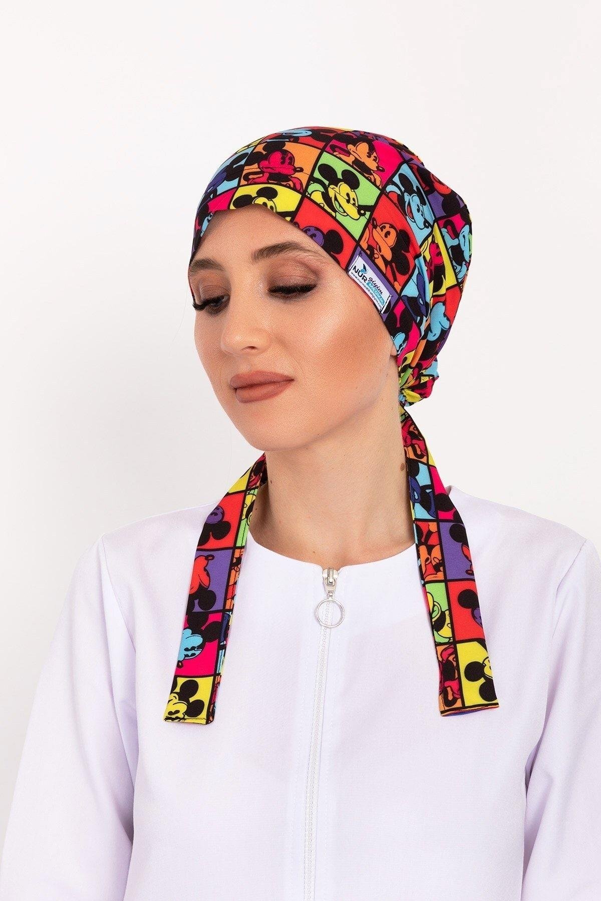 Kadın Kareli Mickey Desenli Tesettür Doktor Hemşire Hastane Aşçı Cerrahi Bonesi-Nur Medikal Giyim