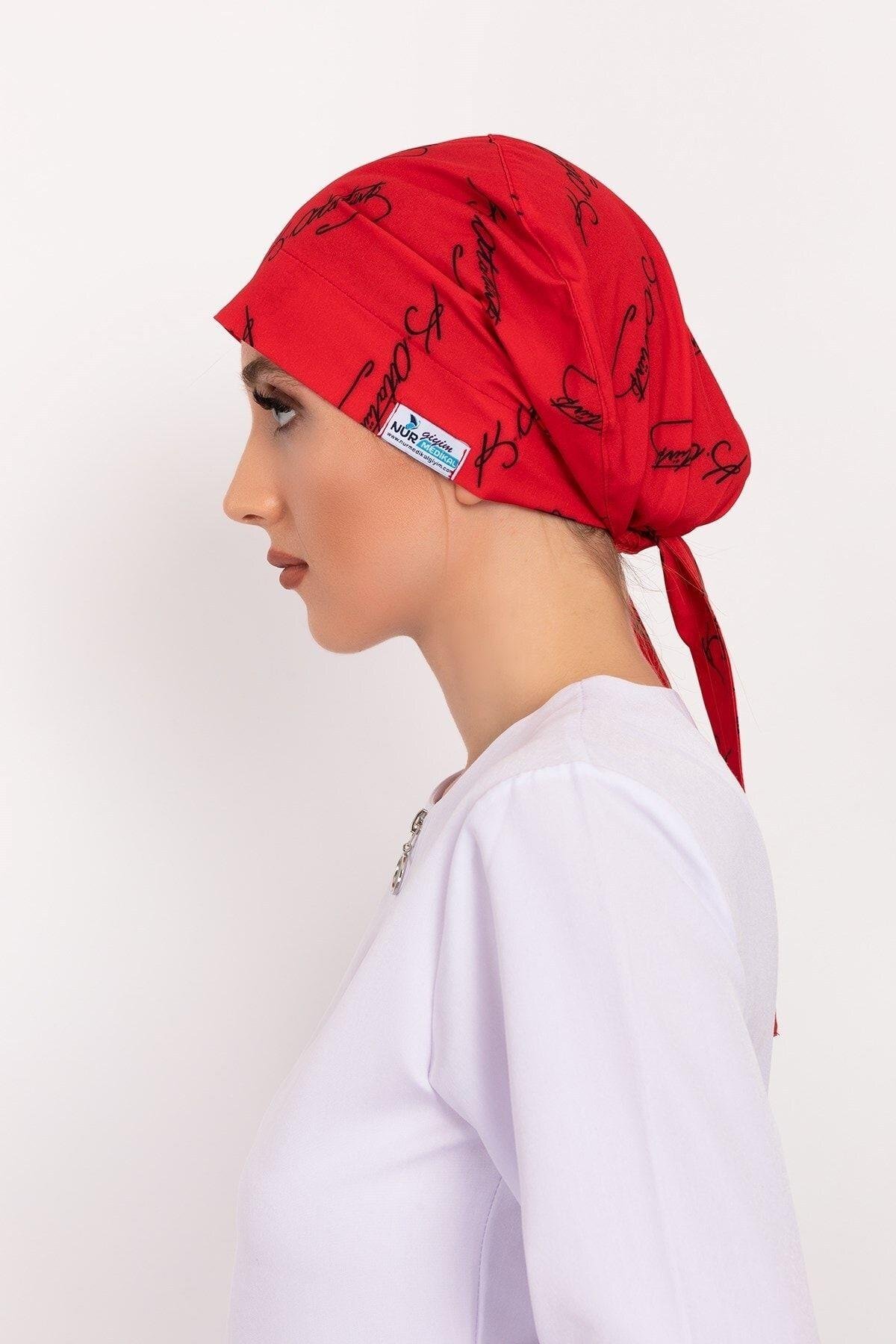 Kadın Kırmızı Atatürk Imza Desenli Tesettür Doktor Hemşire Hastane Aşçı Cerrahi Bonesi-Nur Medikal Giyim