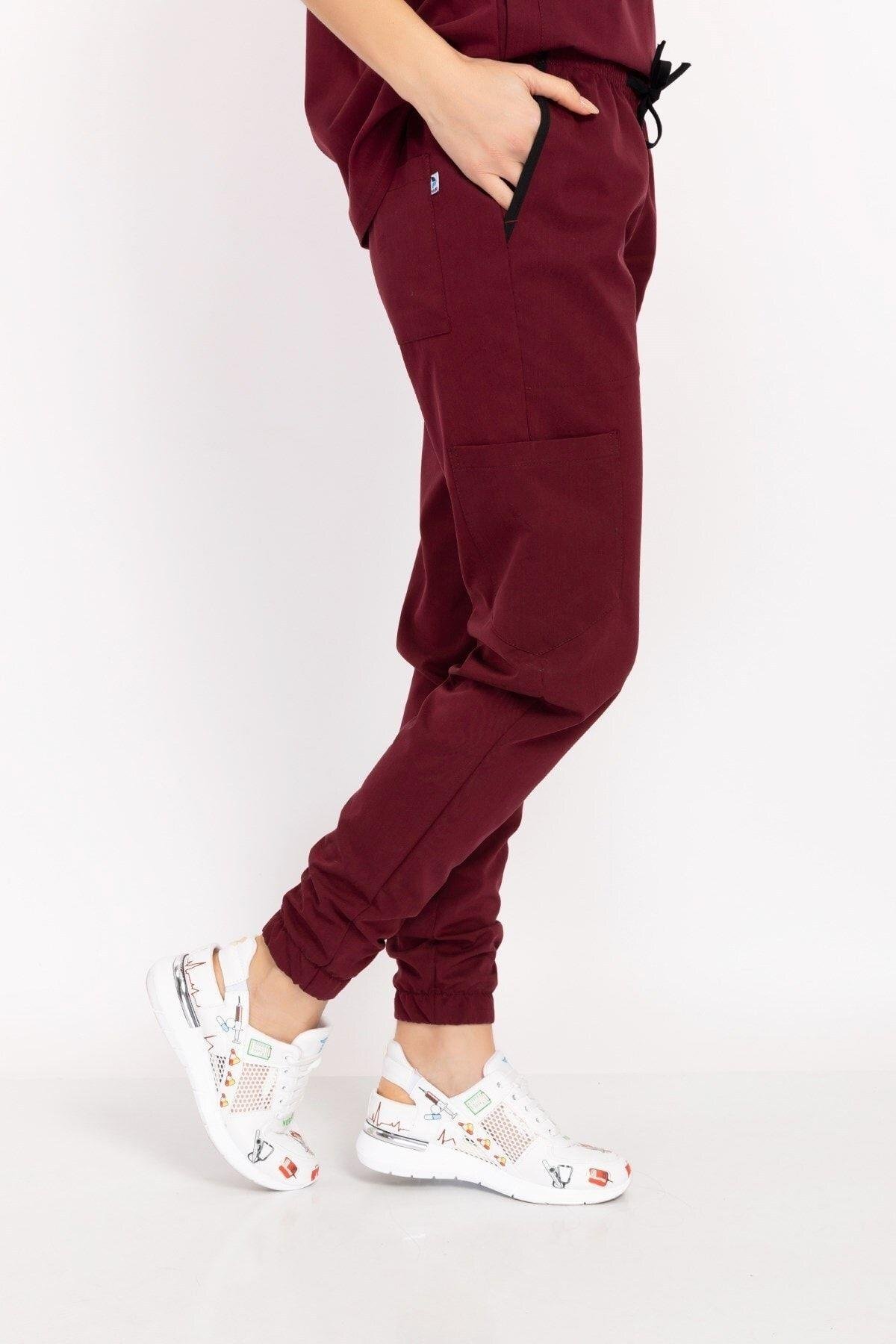 Kadın Koyu Bordo Likralı Jogger Pantolon-Nur Medikal Giyim