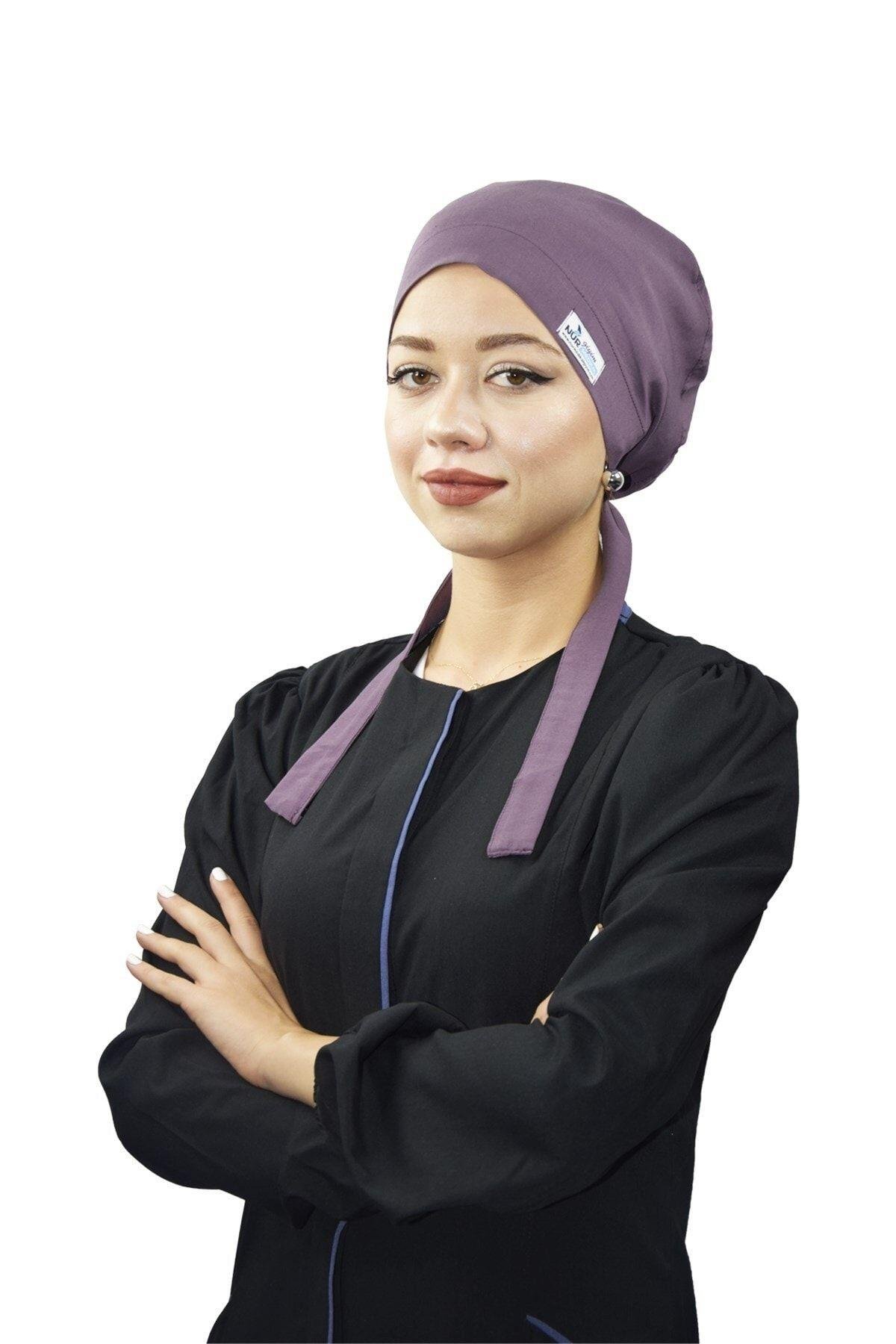 Kadın Likralı Tesettür Düz Leylak Doktor Hemşire Aşçı Tesettür Cerrahi Bonesi-Nur Ortopedi