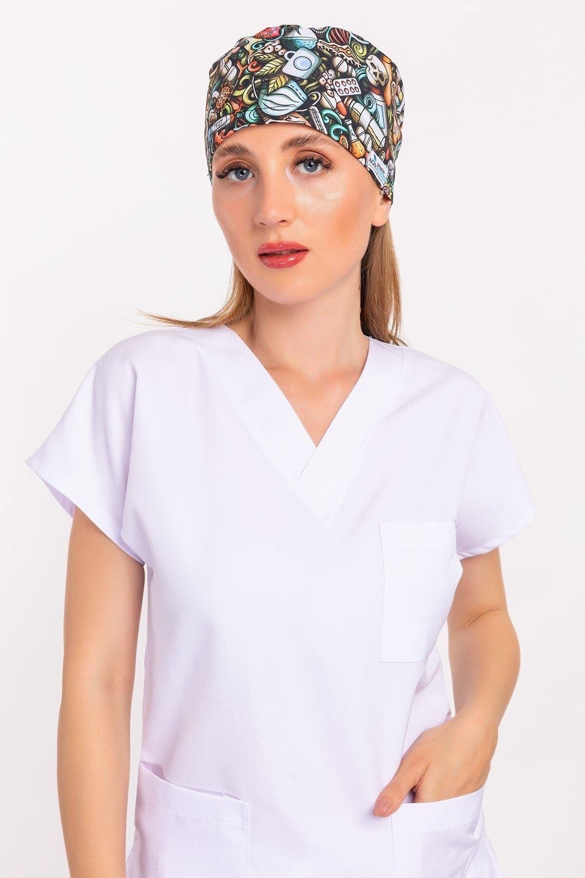 Kadın Master Likra Test Desenli Medikal Ameliyathane Cerrahi Doktor Hemşire Hastane Bonesi-Nur Medikal Giyim