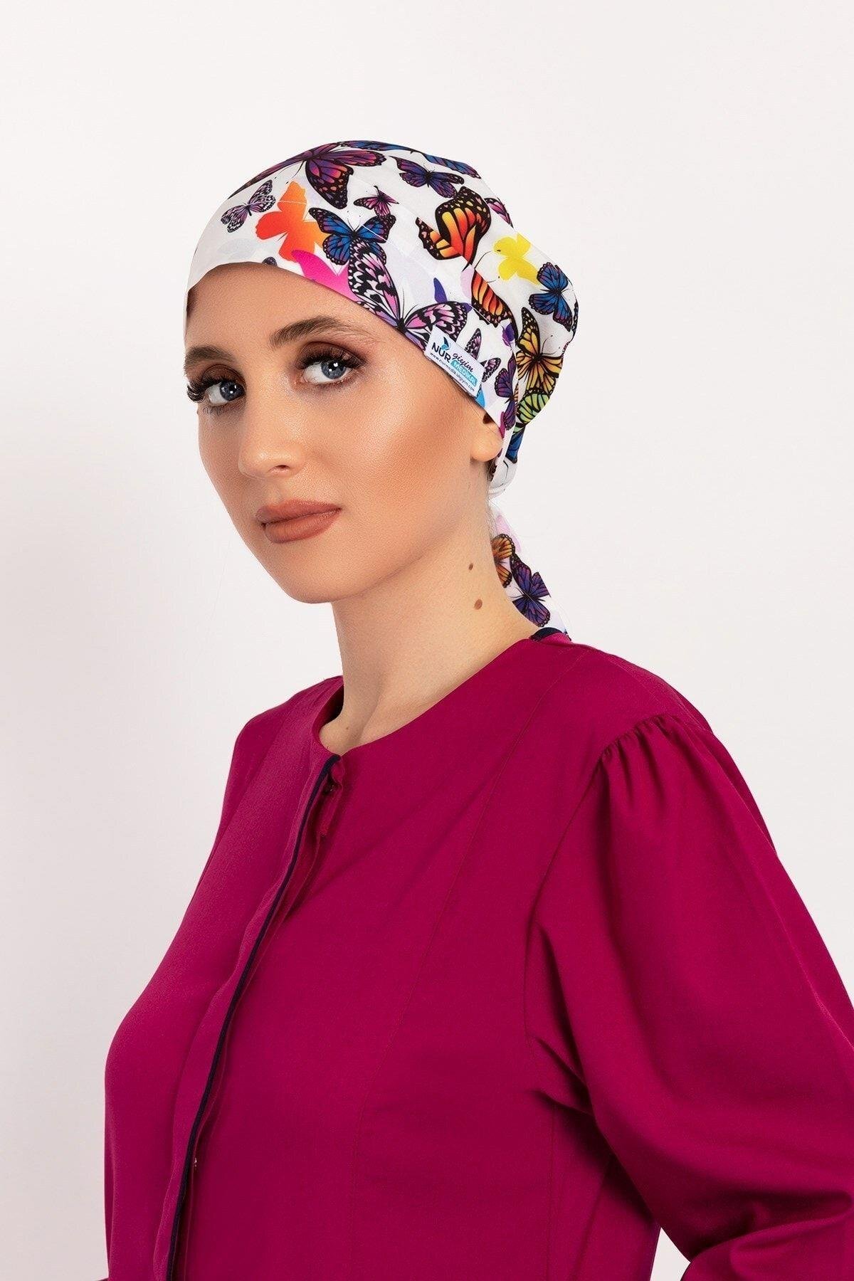Kadın Mor Kelebek Desenli Tesettür Doktor Hemşire Hastane Aşçı Cerrahi Bone-Nur Medikal Giyim