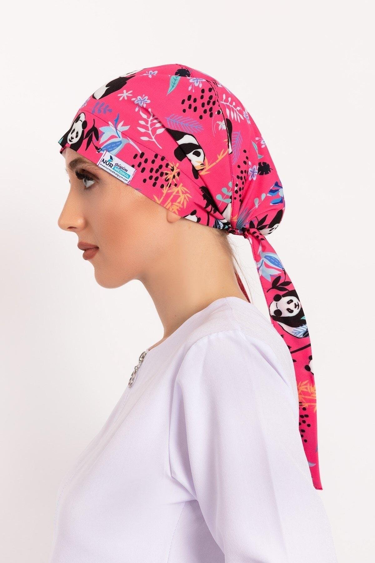 Kadın Pembe Panda Desenli Tesettür Doktor Hemşire Hastane Aşçı Cerrahi Bone-Nur Medikal Giyim