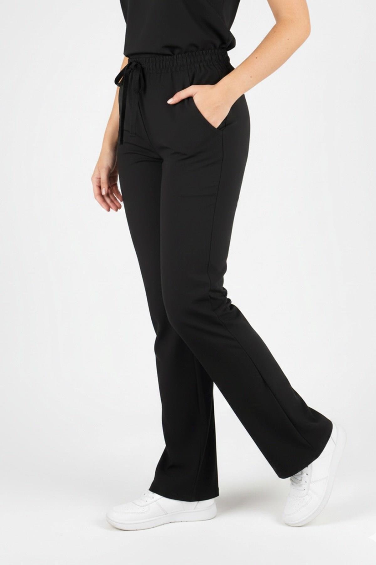 Kadın Siyah Likralı İspanyol Paça Doktor Hemşire Scrubs Pantolonu-Nur Medikal Giyim