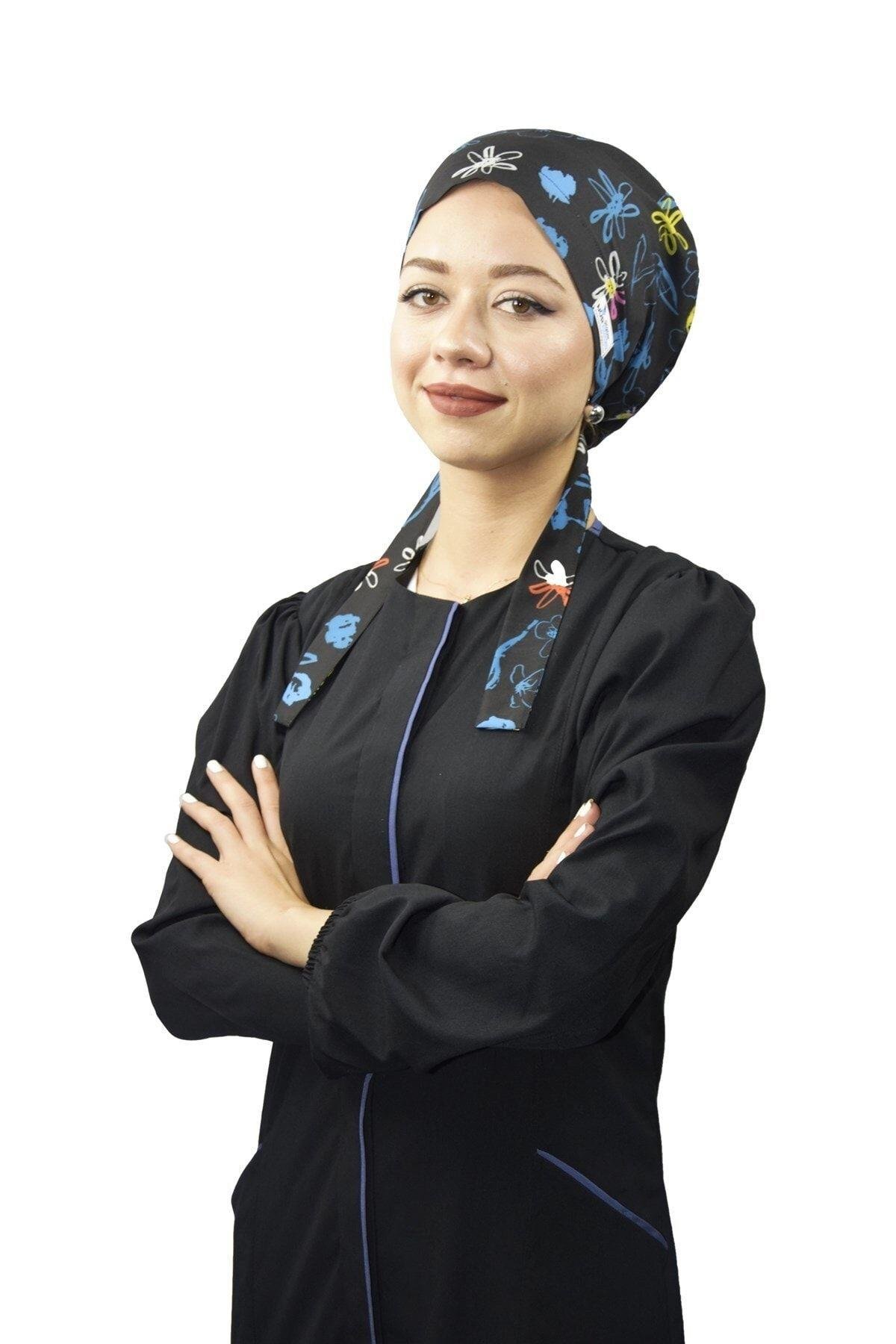 Kadın Tesettür Lacivert Çiçekli Doktor Hemşire Hastane Aşçı Bonesi-Nur Ortopedi
