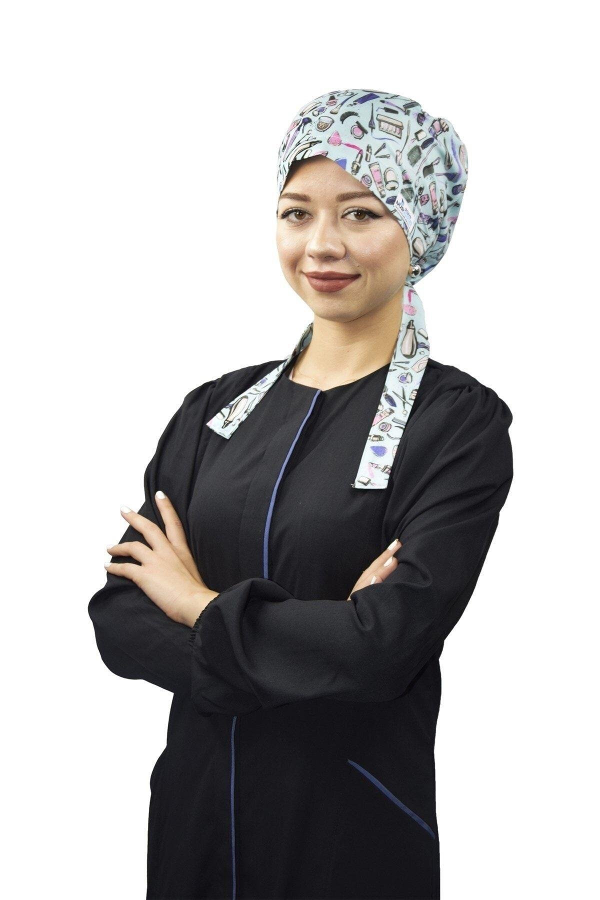 Kadın Tesettür Mavi Güzellik Desen Likralı Hemşire Doktor Hastane Bonesi-Nur Medikal Giyim