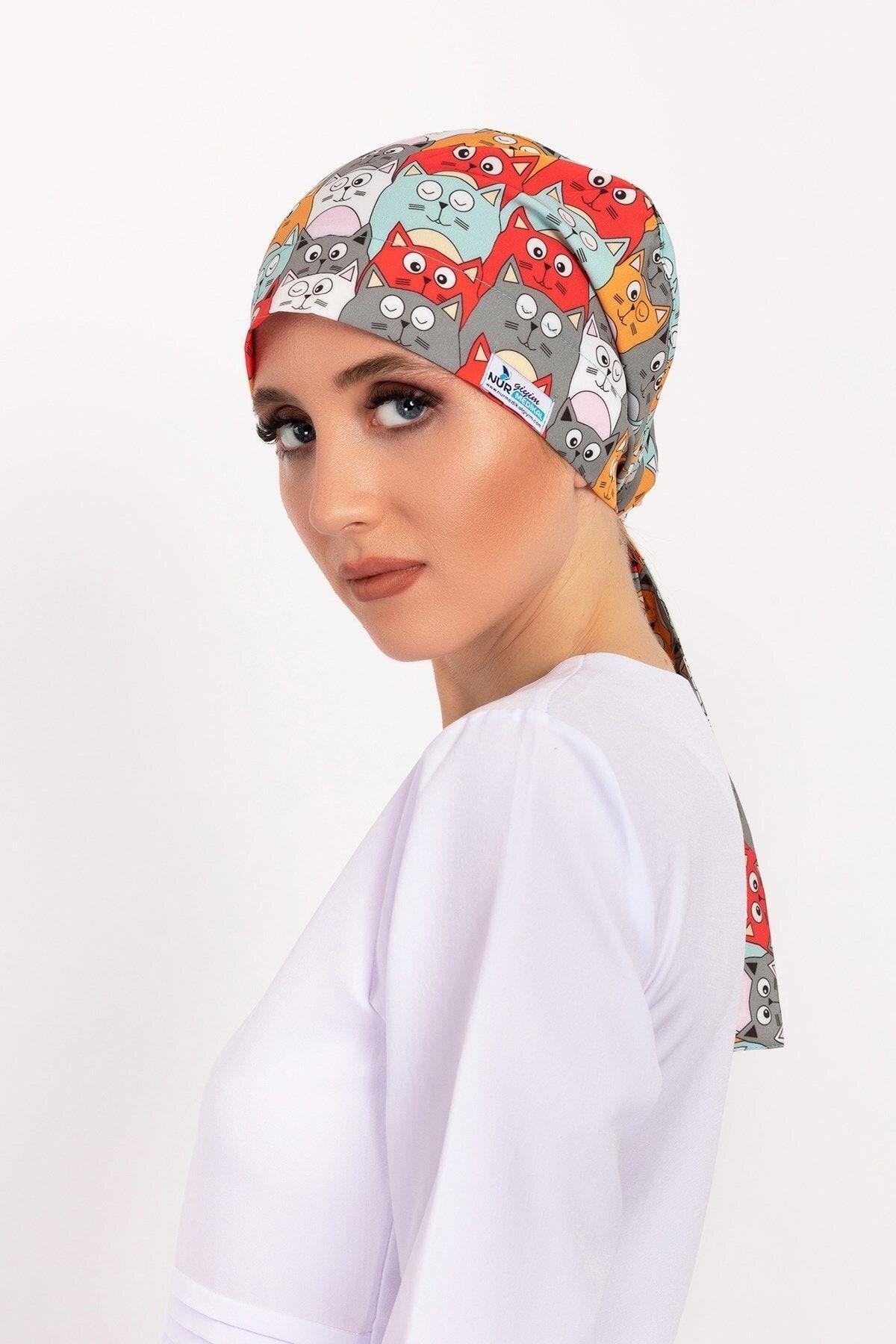 Kadın Turuncu Kedi Desenli Tesettür Doktor Hemşire Hastane Aşçı Cerrahi Bone-Nur Medikal Giyim