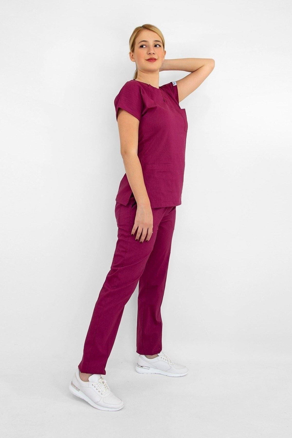 Kadın Vişne Terikoton Alt Üst Hemşire Doktor Hastane Takım-Nur Medikal Giyim