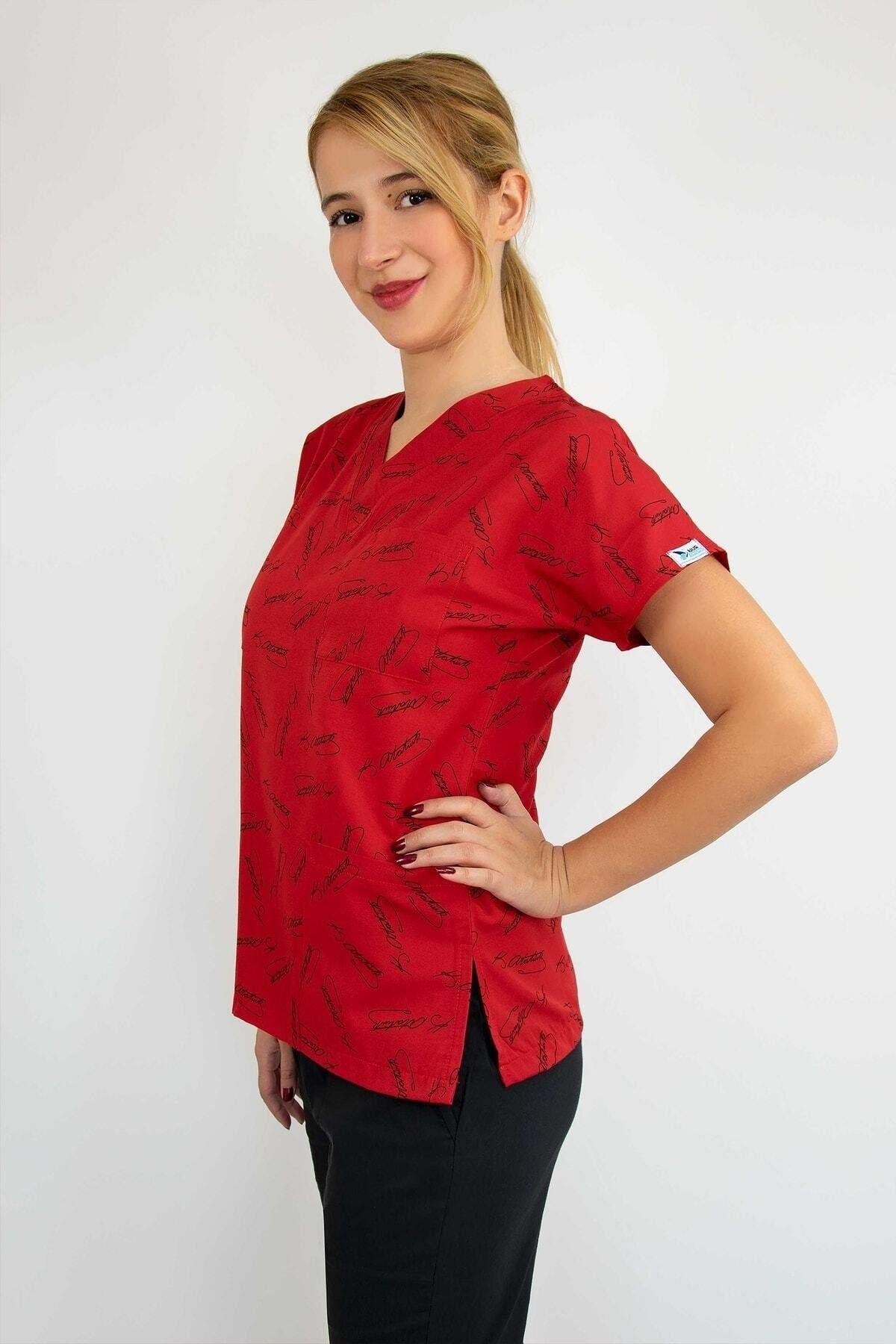 Kırmızı Atatürk Imzalı Cerrahi Forma Üst Hemşire Doktor Hastane Aşçı-Nur Medikal Giyim