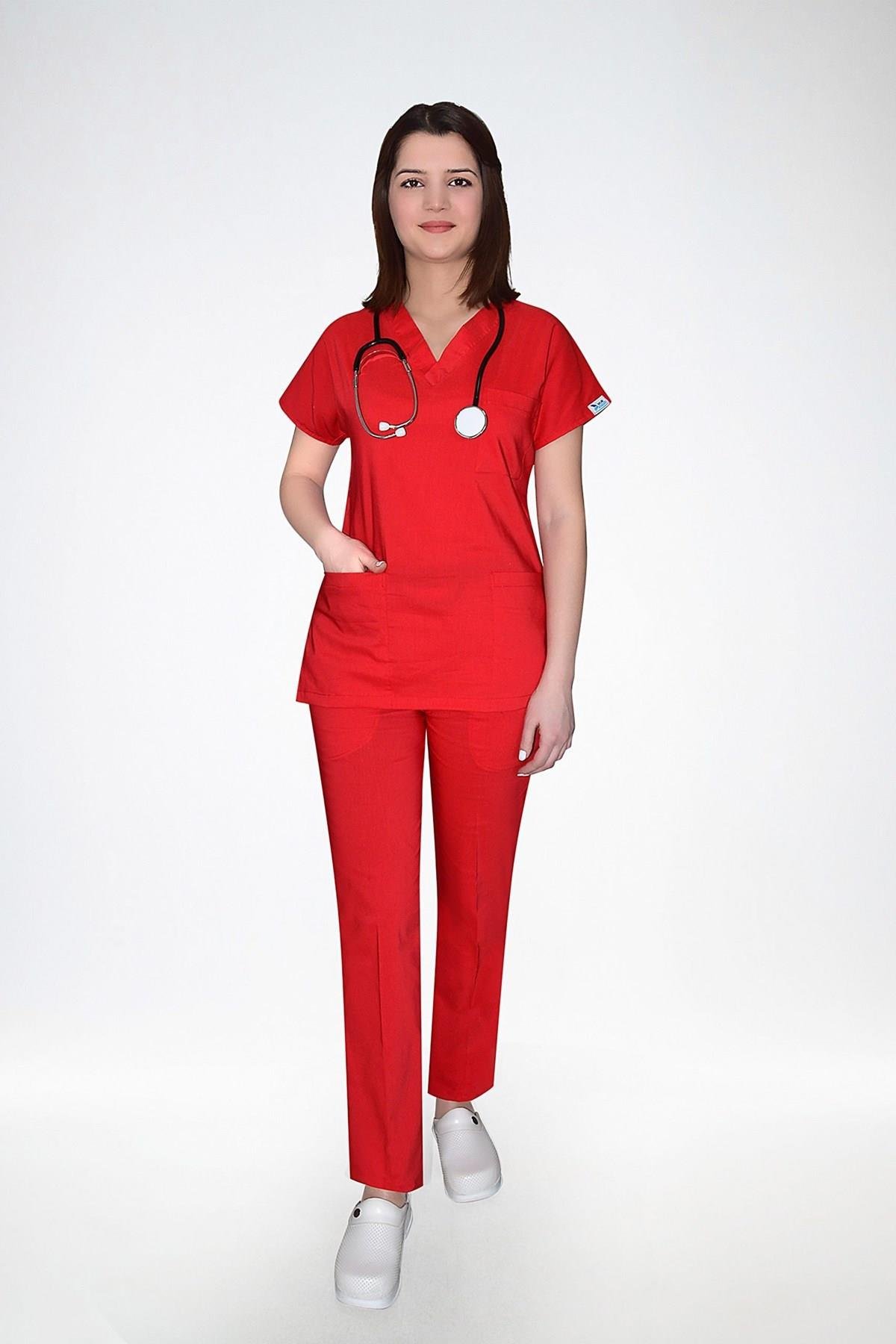Kırmızı Likralı Hastane Hemşire Doktor Cerrahi Takım-Nur Medikal Giyim