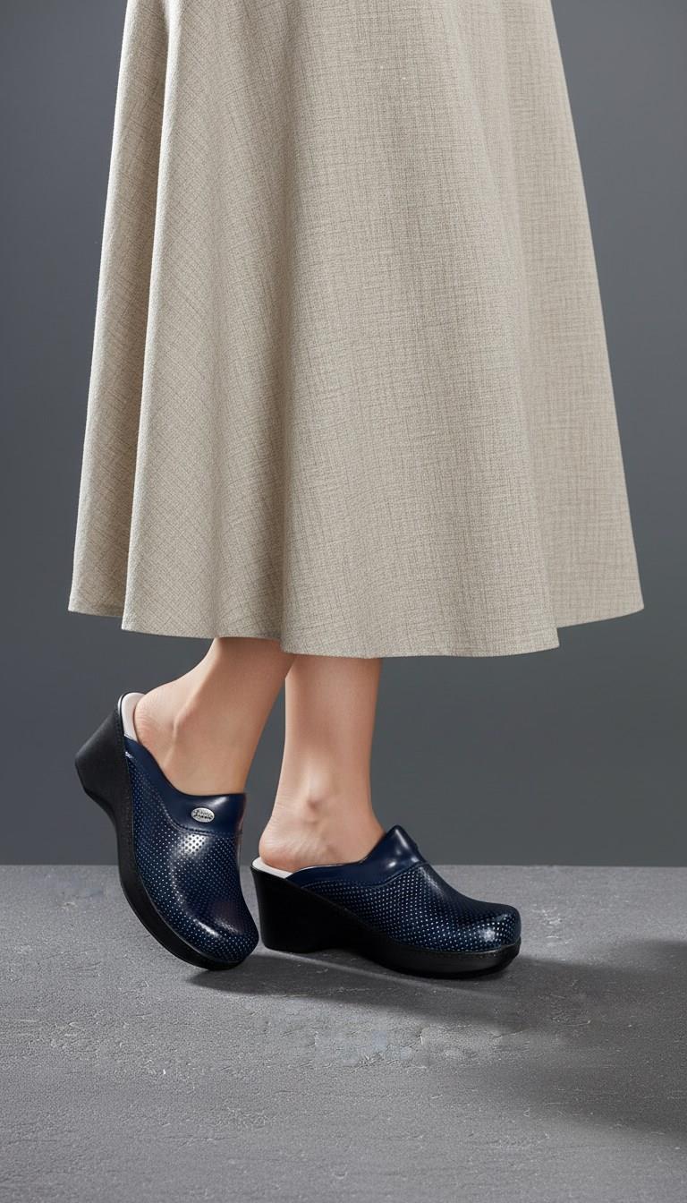 Lacivert Delikli Dolgu Topuklu Kadın Sabo Ortopedik Hemşire Doktor Aşçı Günlük Terlik-Nur Ortopedi