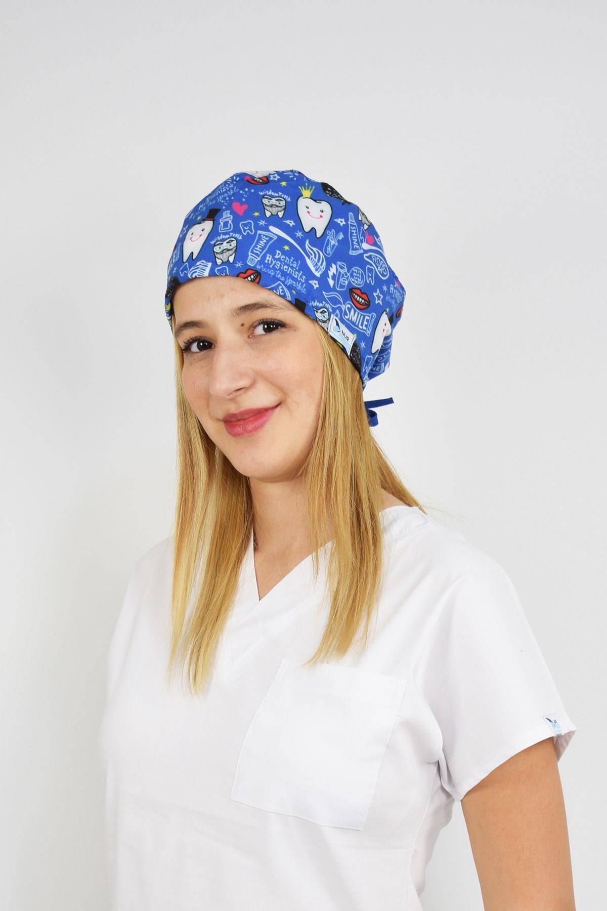 Lacivert Diş Desenli Doktor Hemşire Hastane Cerrahi Bonesi-Nur Medikal Giyim