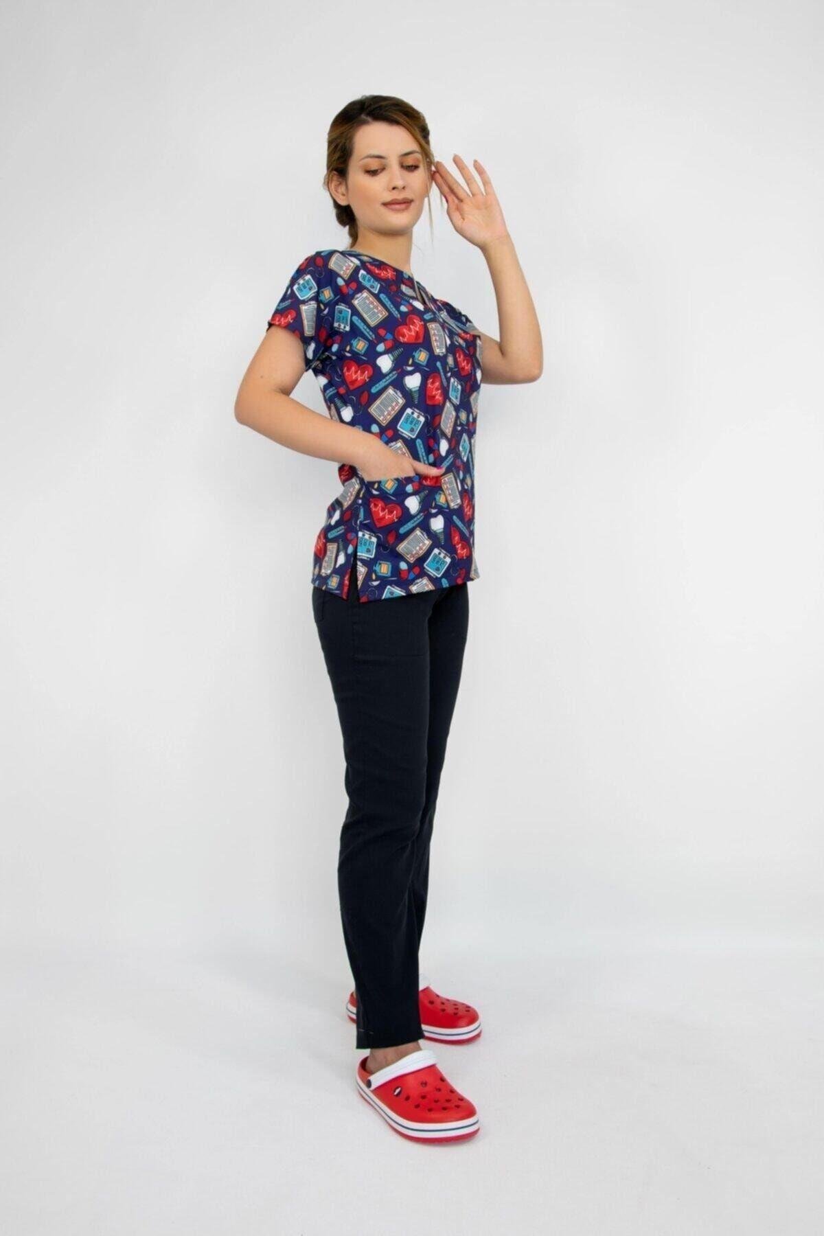 Lacivert Kalp Ritimli Likralı Alt Üst Takım Üniforma-Nur Medikal Giyim