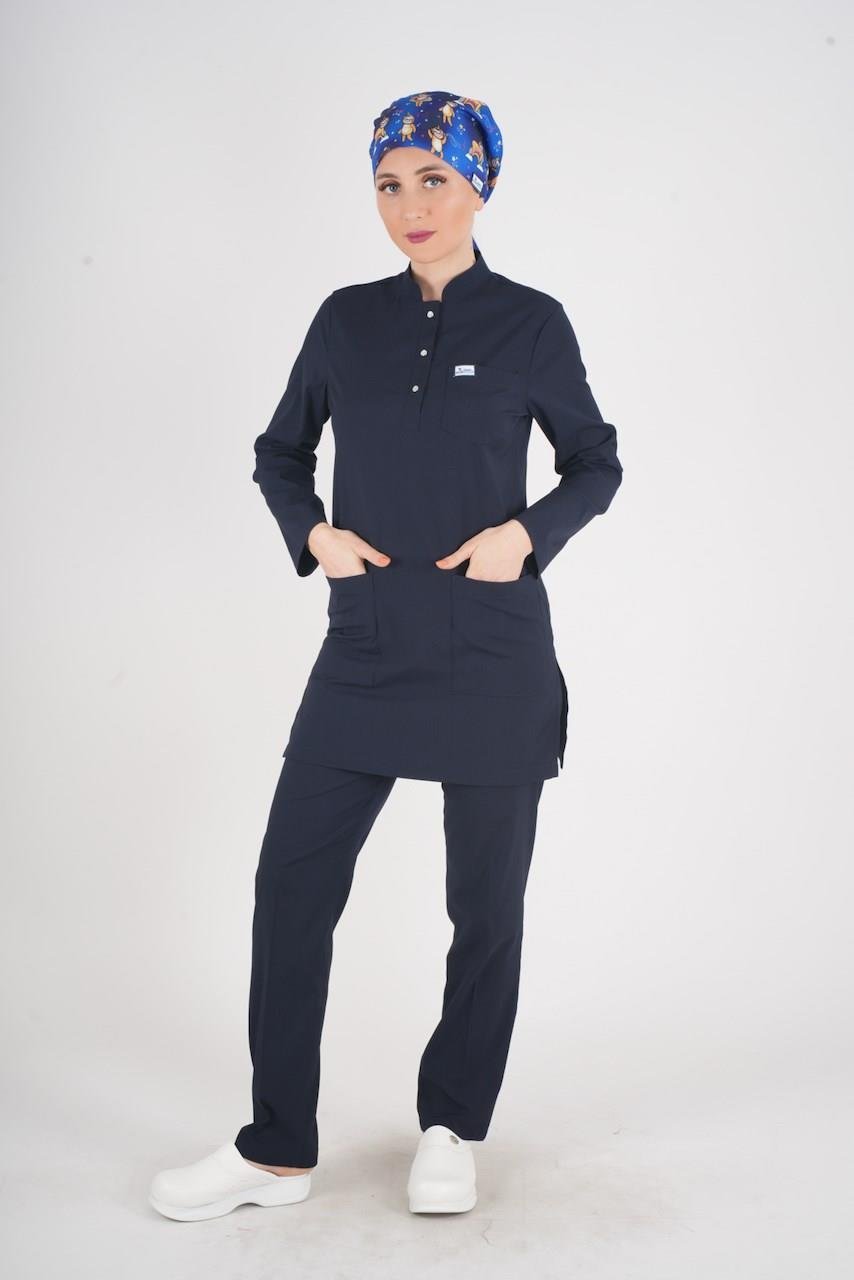 Lacivert Renk Sakura Model Tesettür Doktor Hemşire Scrubs Üniforma Takımı-Nur Medikal Giyim
