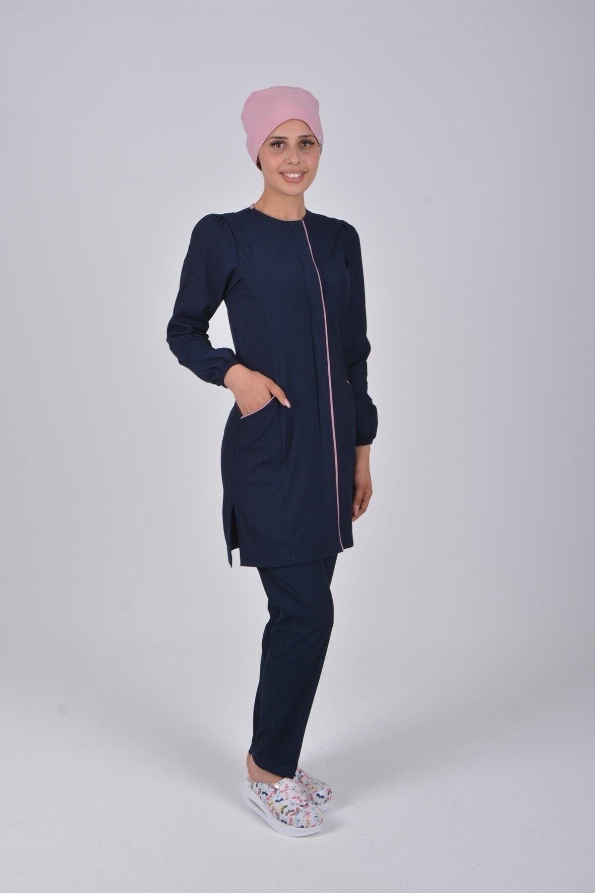 Lacivert Soft Likra Hemşire Doktor Tesettür Alt Üst Takım Üniforma-Nur Medikal Giyim