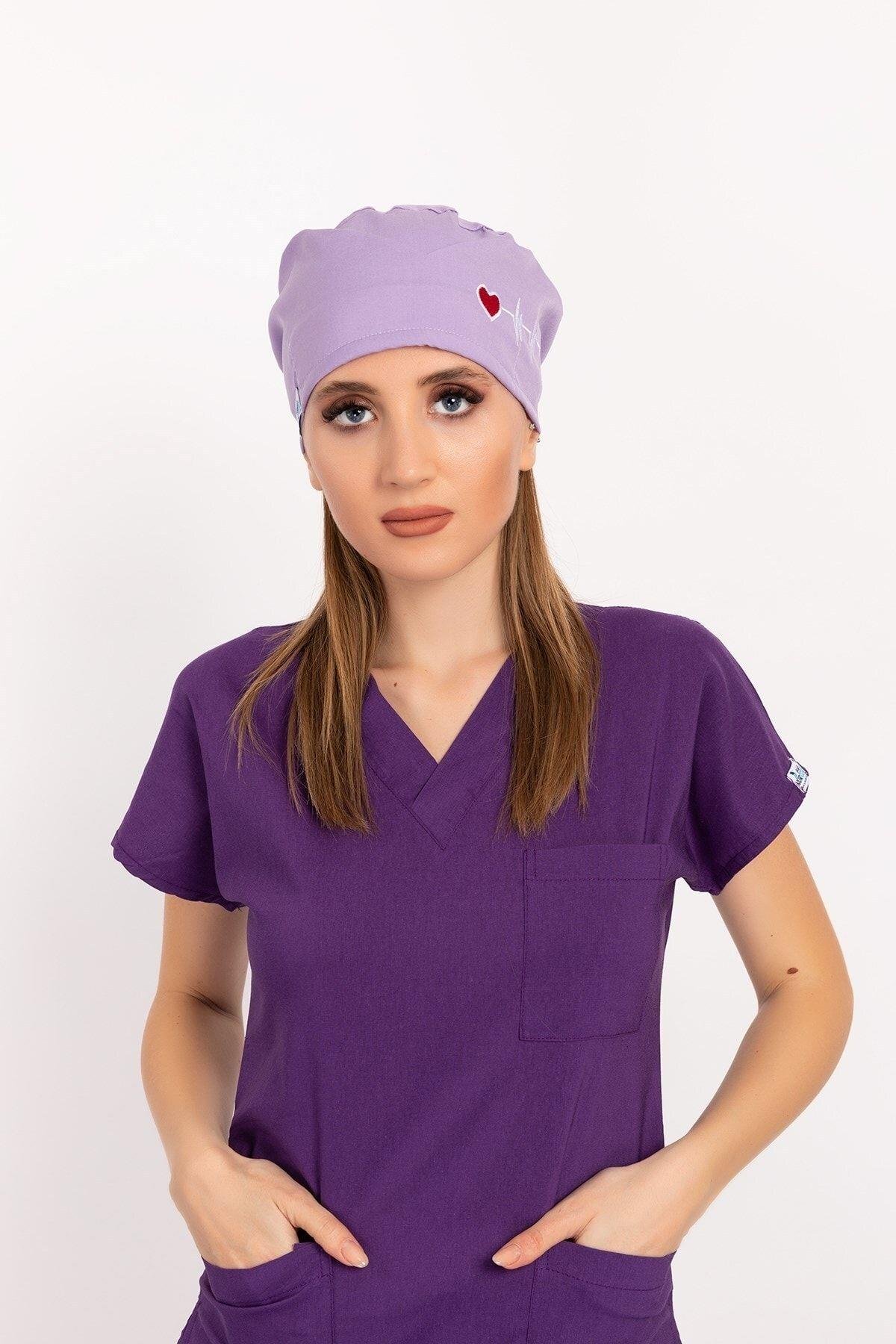 Lila Kalp Ritim Desenli Doktor Hemşire Hastane Medikal Cerrahi Bone B176-Nur Medikal Giyim