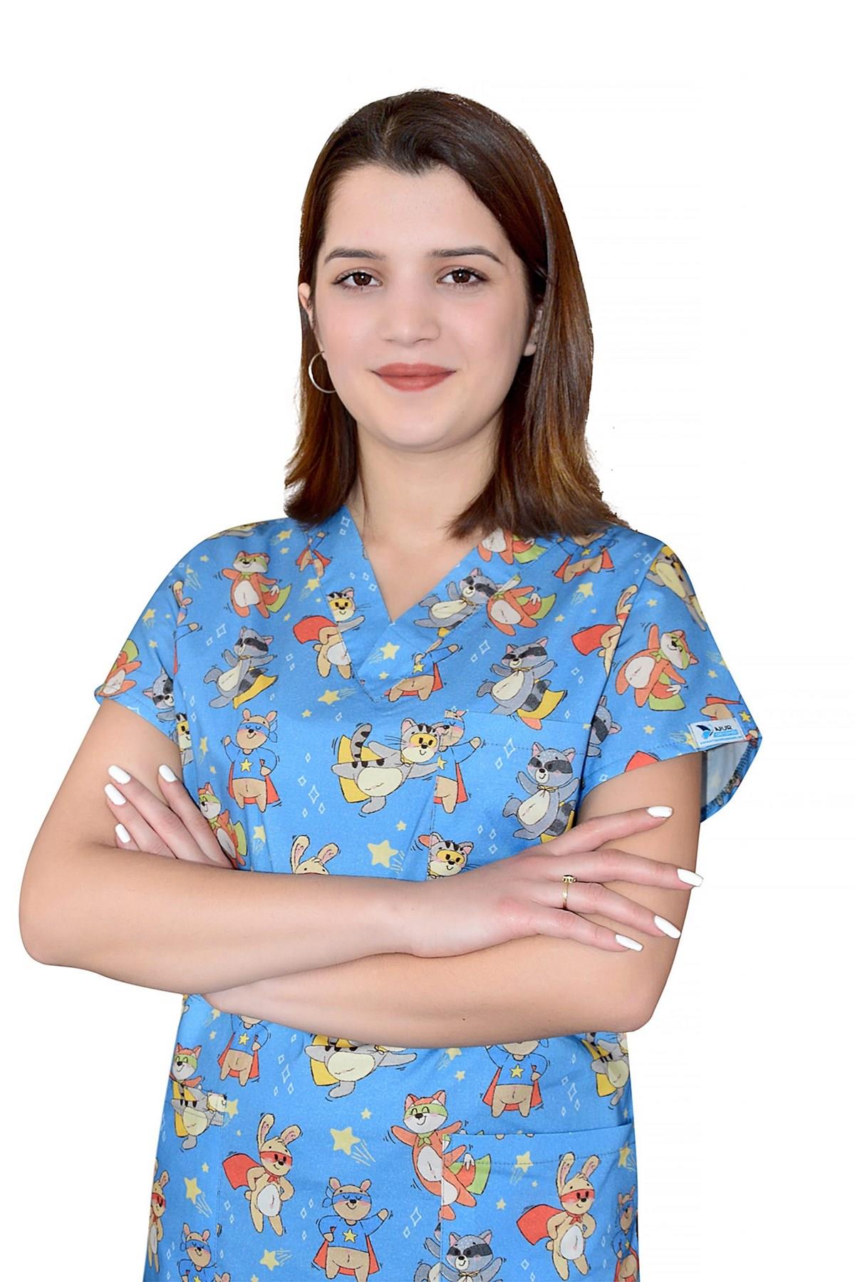 Master Likra Maskeli Kedi Temalı Pamuklu Doktor Hemşire Cerrahi Tek Üst Forma-Nur Medikal Giyim