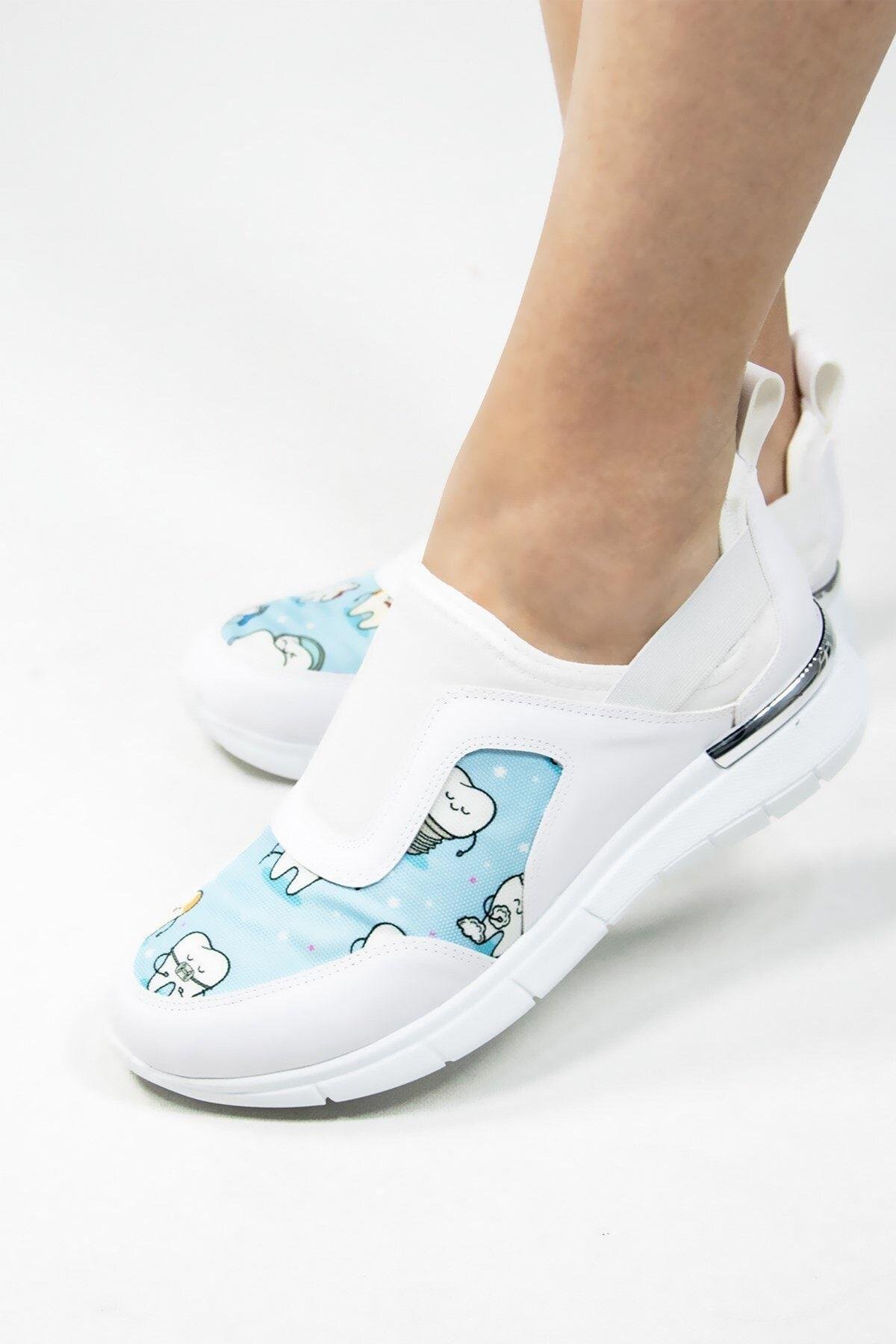 Mavi Diş Desenli Aynalı Streç Ortopedik Spor Ayakkabı-Nur Ortopedi