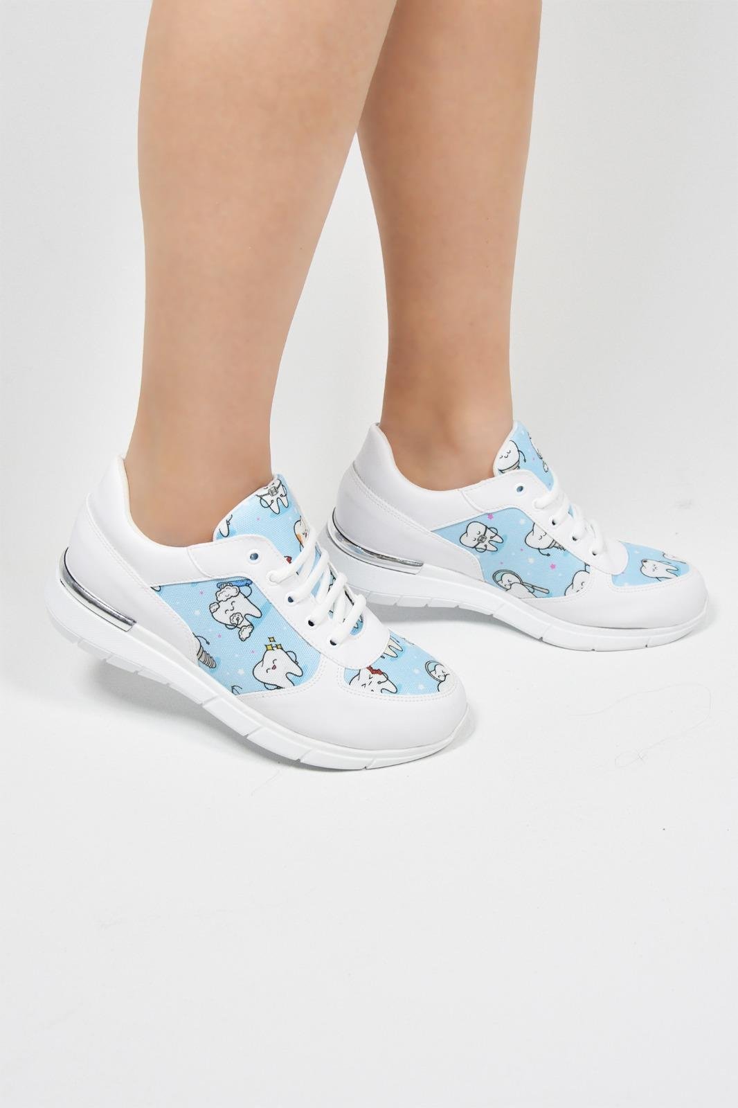 Mavi Diş Desenli Bağcıklı Ortopedik Spor Ayakkabı Kadın Sneakers-Nur Ortopedi