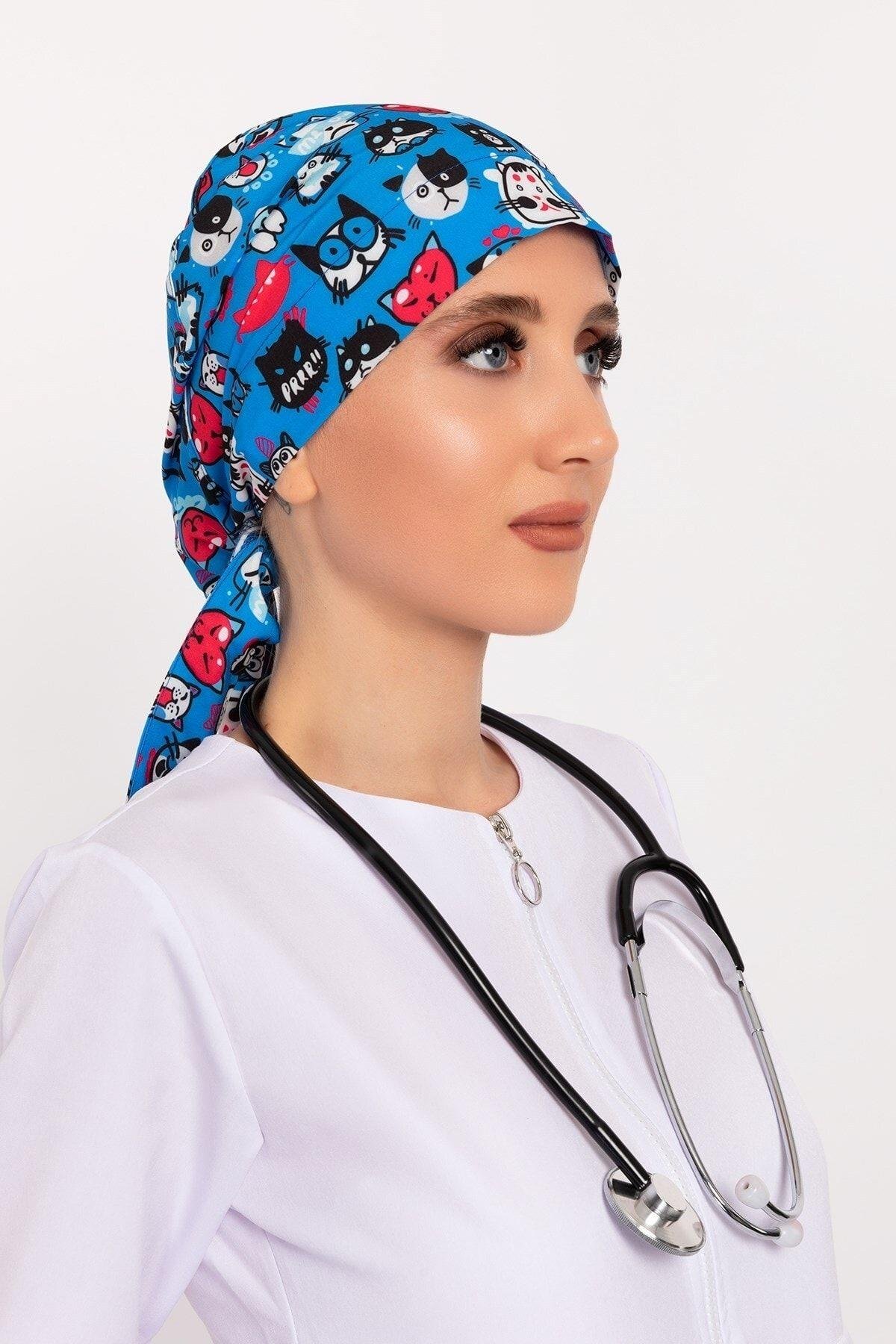 Meow Kedi Desenli Tesettür Doktor Hemşire Hastane Aşçı Cerrahi Bone-Nur Medikal Giyim