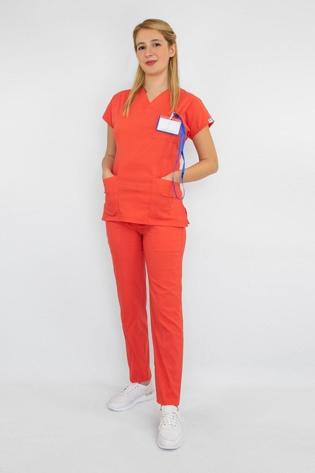 Mercan Rengi Likralı Alt Üst Takım-Nur Medikal Giyim