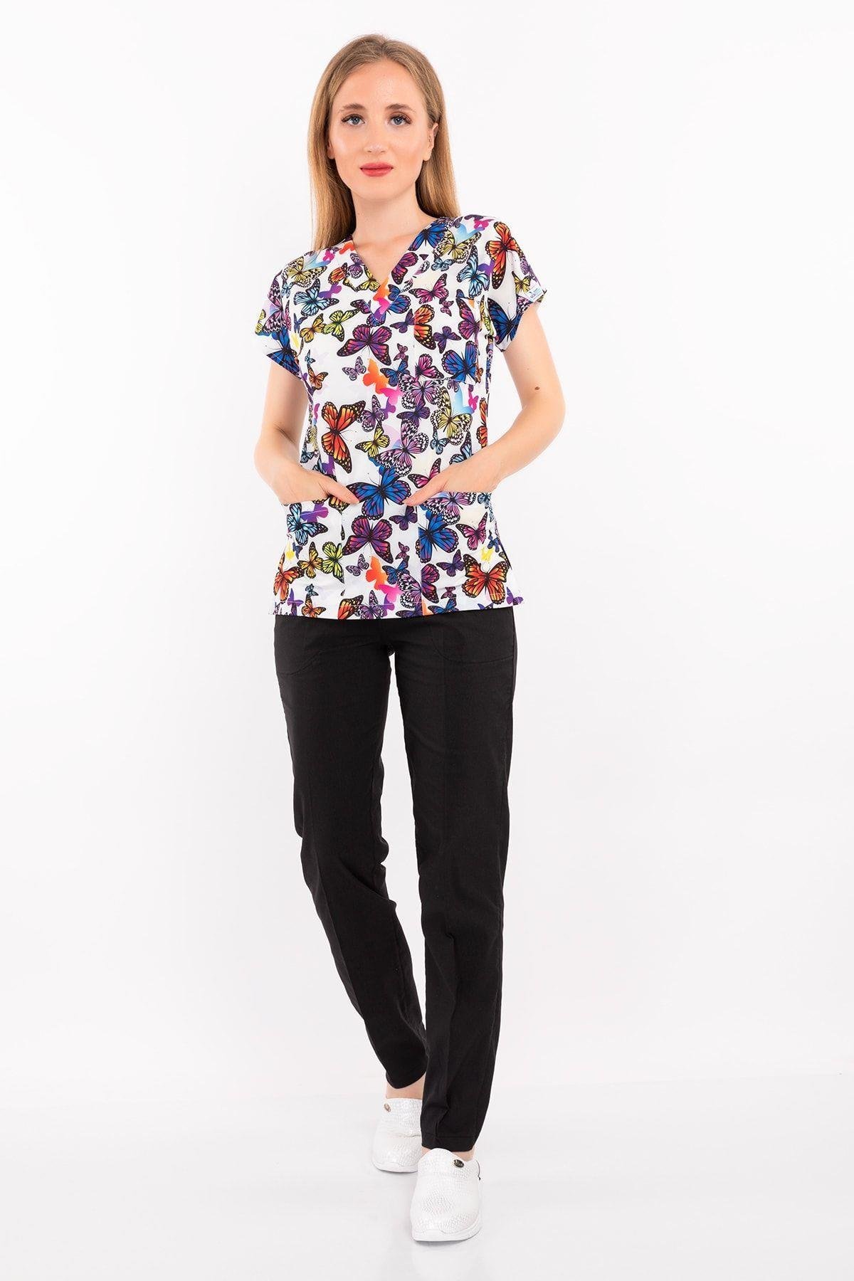 Mor Kelebek Desenli Likralı Alt Üst Takım-Nur Medikal Giyim