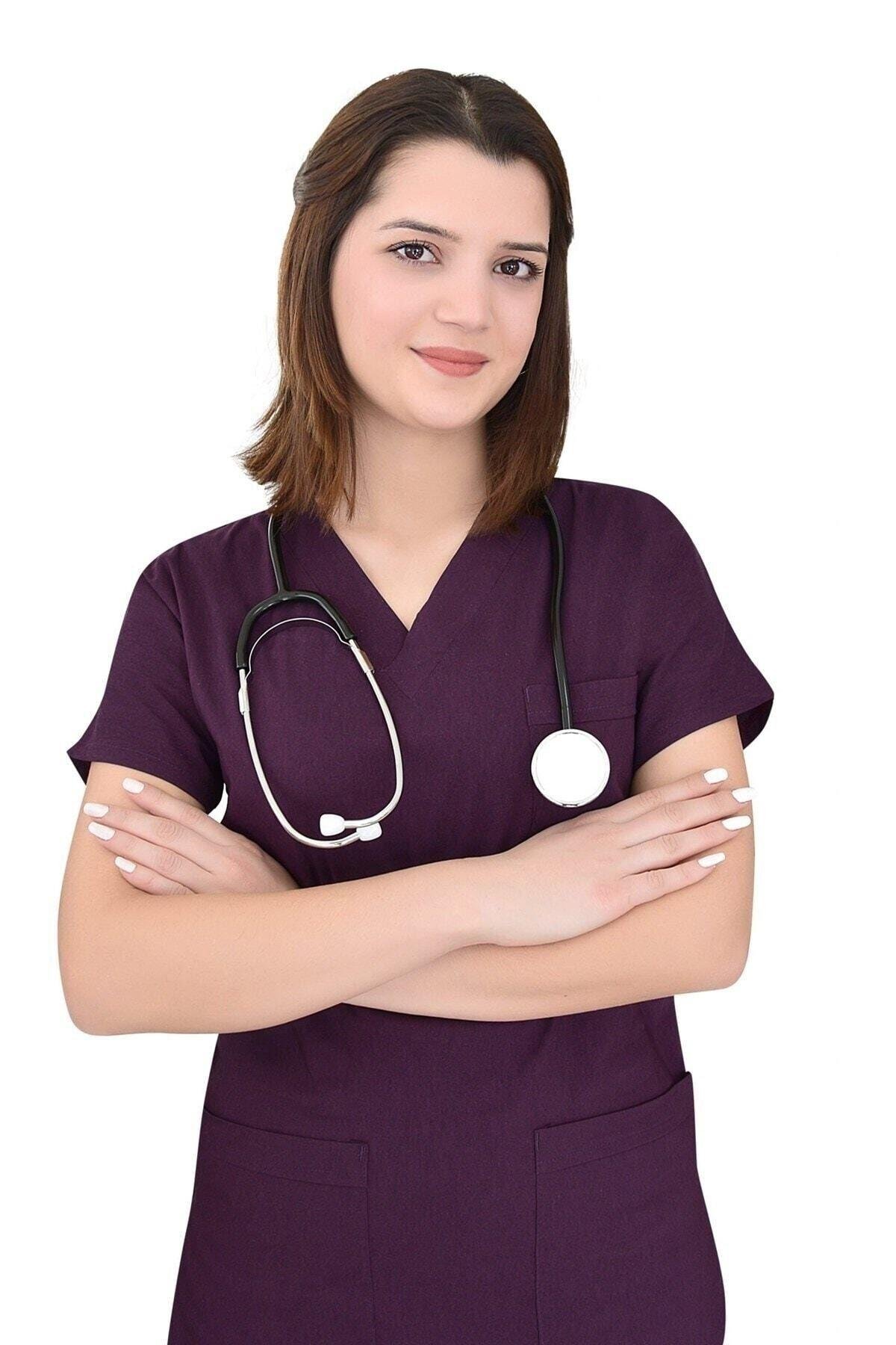 Mürdüm Rengi Likralı Üst Forma-Nur Medikal Giyim