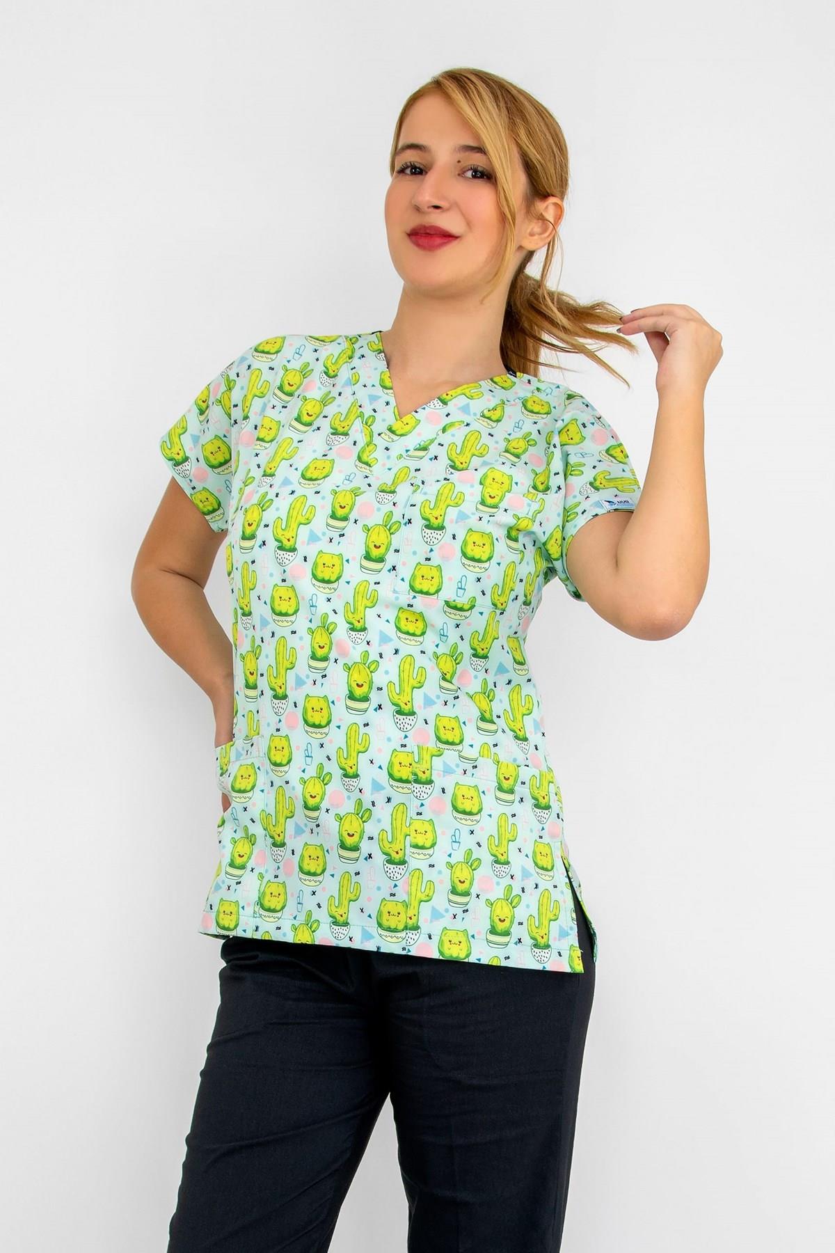 Mutlu Neşeli Kaktüs Desenli Likralı Doktor Hemşire Üst Forma-Nur Medikal Giyim
