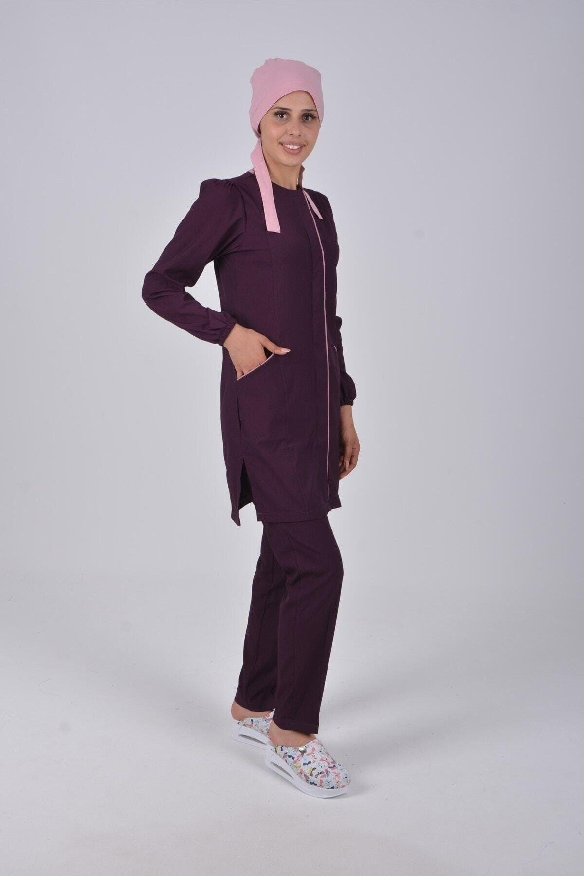 Patlıcan Moru Soft Likra Hemşire Doktor Tesettür Alt Üst Takım Üniforma-Nur Medikal Giyim