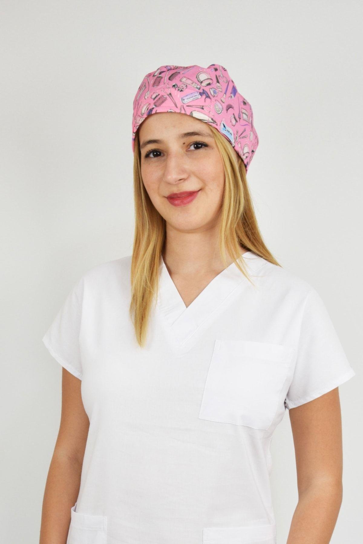 Pembe Güzellik Desenli Cerrahi Bone-Nur Medikal Giyim