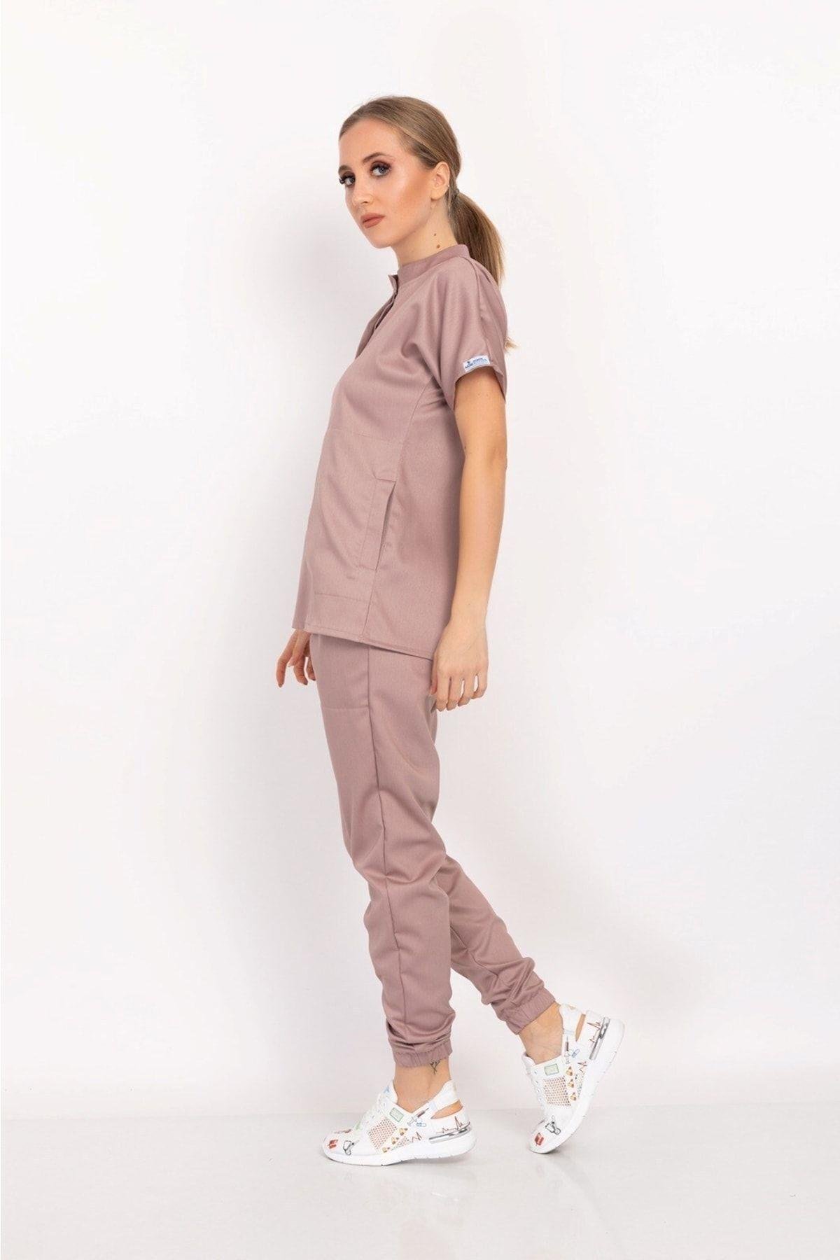 Pudra Renk Çağla Model Elit Likra Hakim Yaka Çıt Çıtlı Doktor Hemşire Üniforma Takım-Nur Medikal Giyim