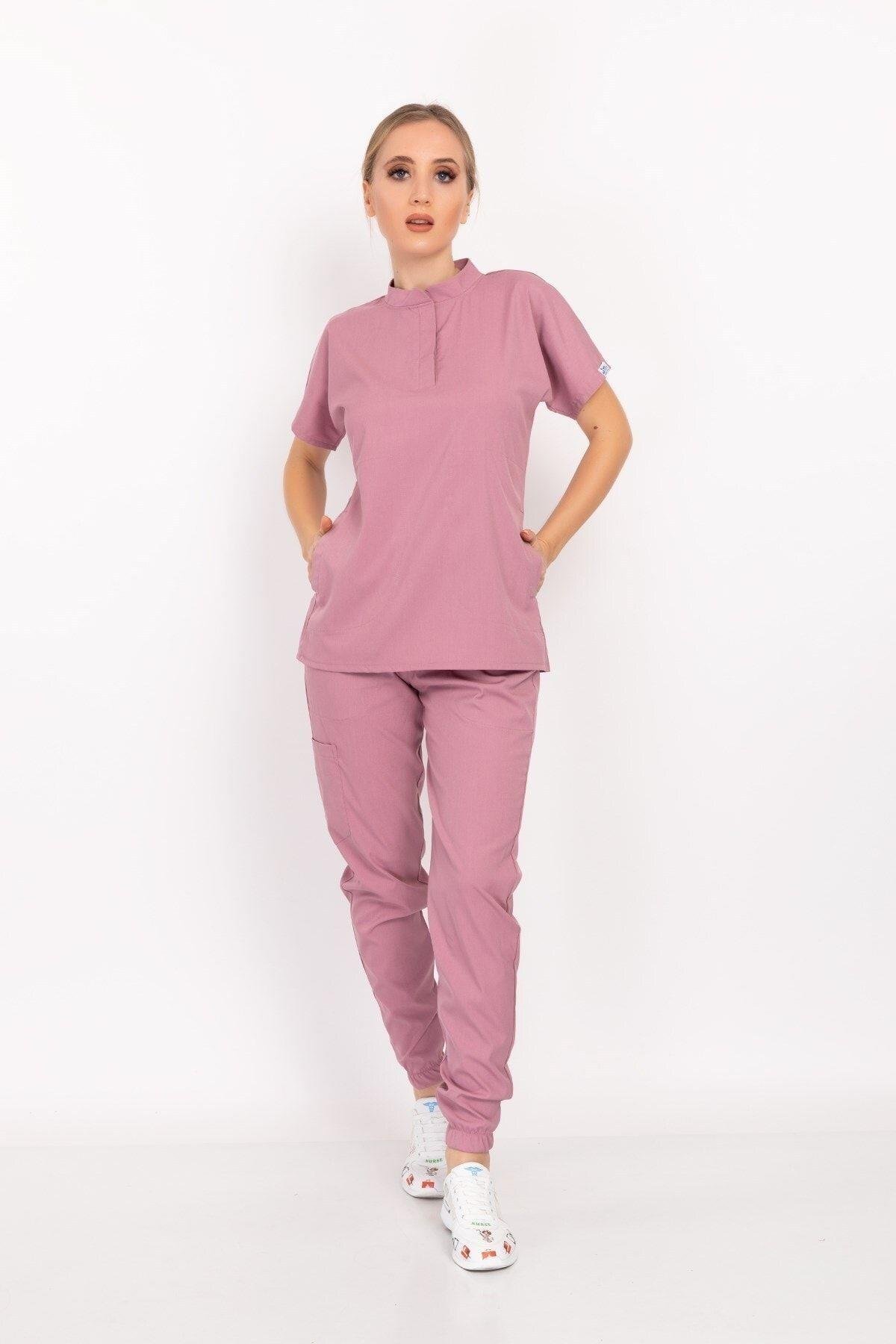 Pudra Renk Çıt Çıtlı Hakim Yaka Soft Likra Doktor, Hemşire, Hastane, Nöbet Forma Takım-Nur Medikal Giyim