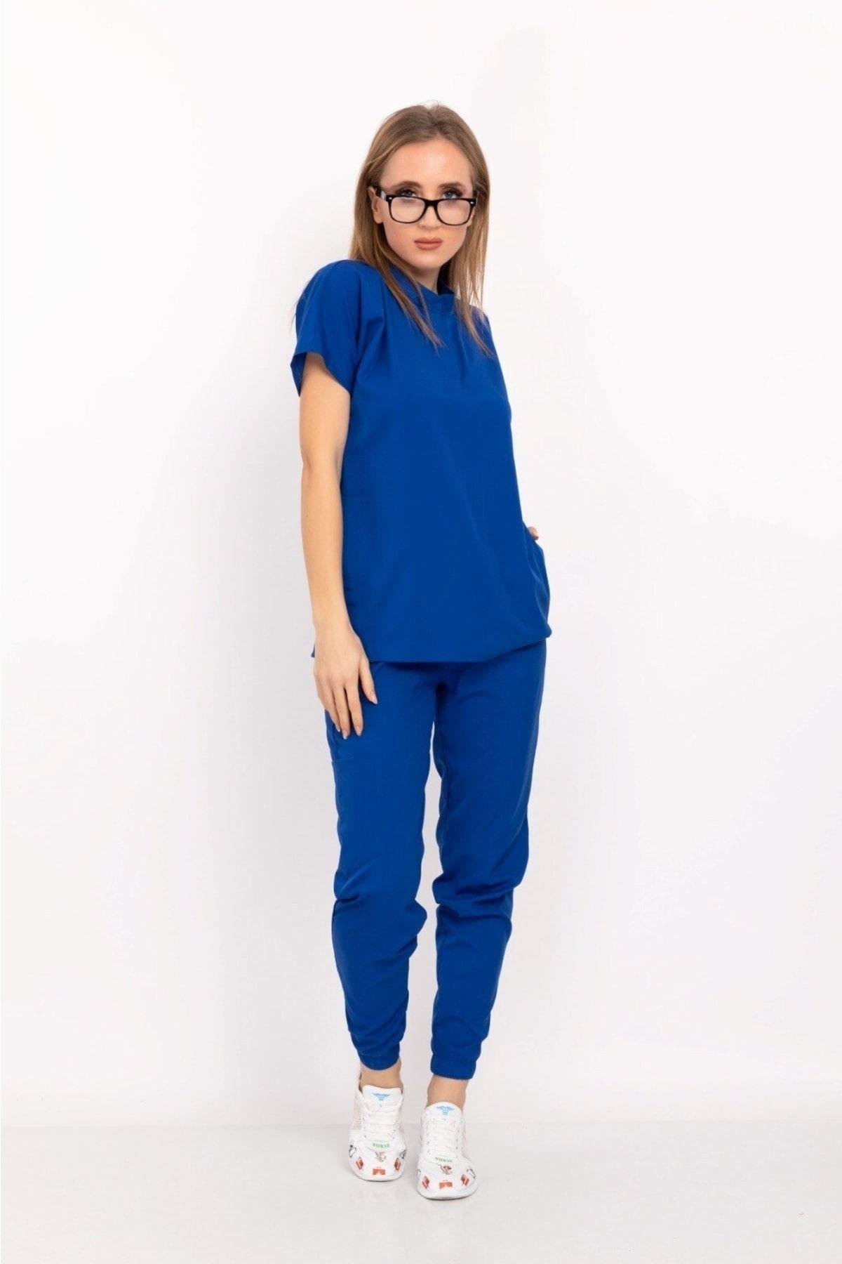 Saks Mavi Renk Çıt Çıtlı Hakim Yaka Soft Likra Doktor, Hemşire, Hastane, Nöbet Forma Takım-Nur Medikal Giyim