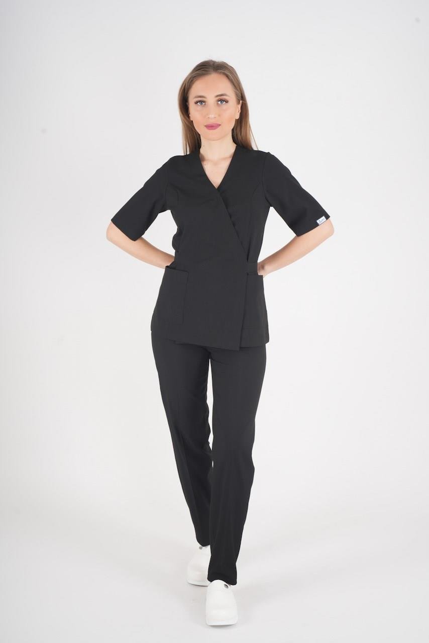 Siyah Elegant Model Cerrahi Üniforma Belden Bağlamalı Scrubs Takım-Nur Medikal Giyim