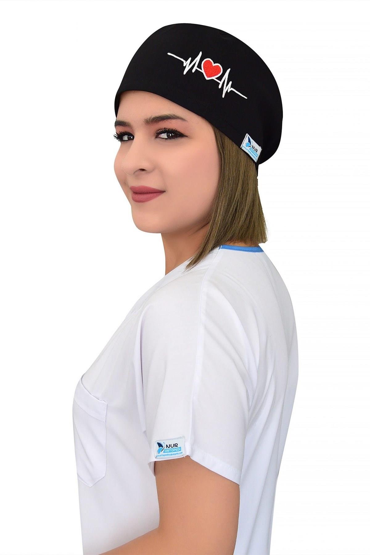 Siyah Kalp Ritim İşlemeli Cerrahi Bone-Nur Medikal Giyim