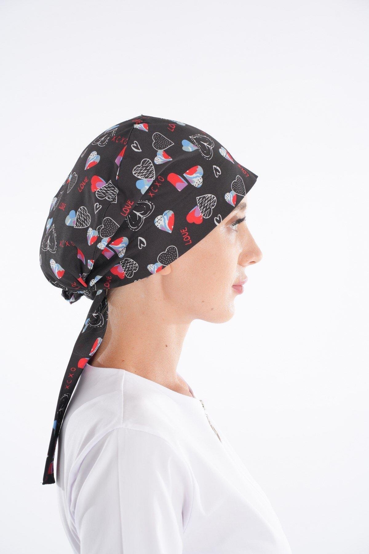 Siyah Love Desenli Tesettür Doktor Hemşire Hastane Aşçı Cerrahi Bone-Nur Medikal Giyim