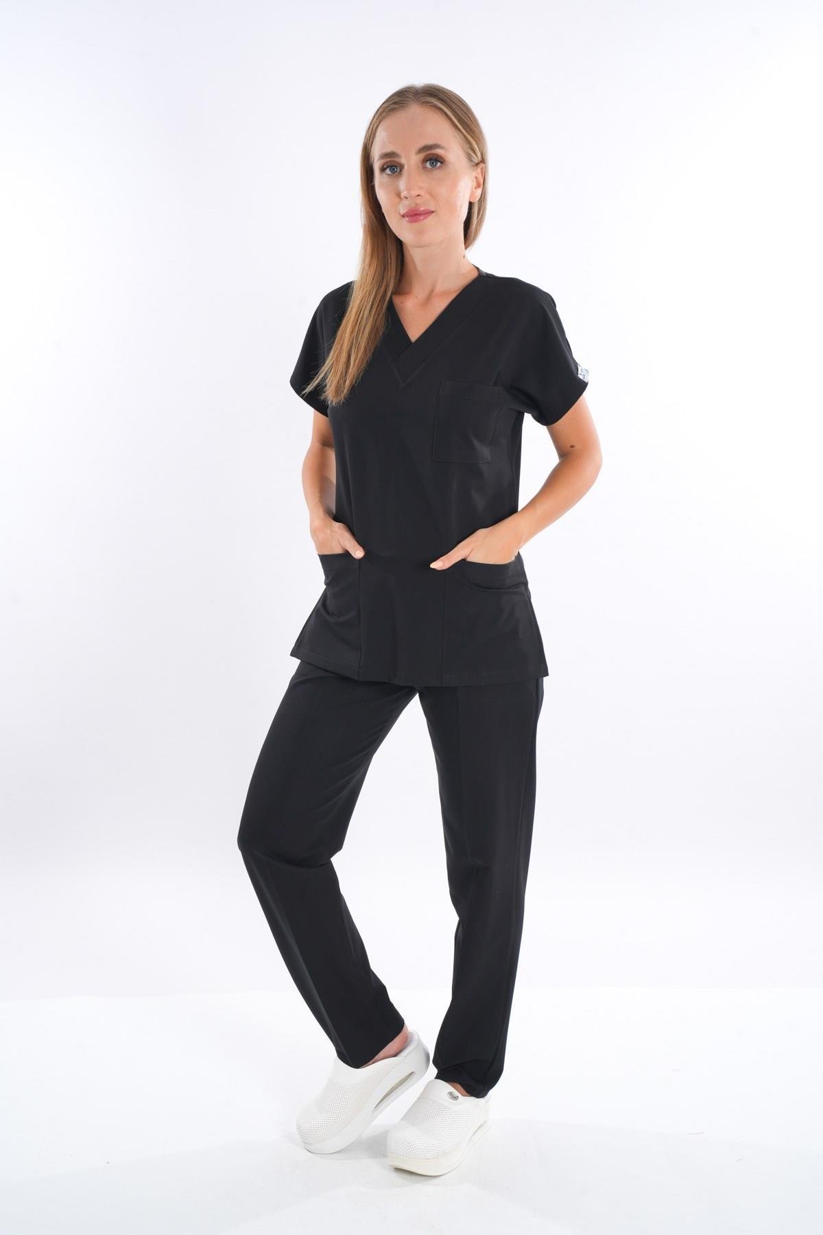 Siyah Renk Çamaşır Suyuna ve Hipoya Dayanıklı Cerrahi Üniforma Scrubs Unisex Model-Nur Medikal Giyim