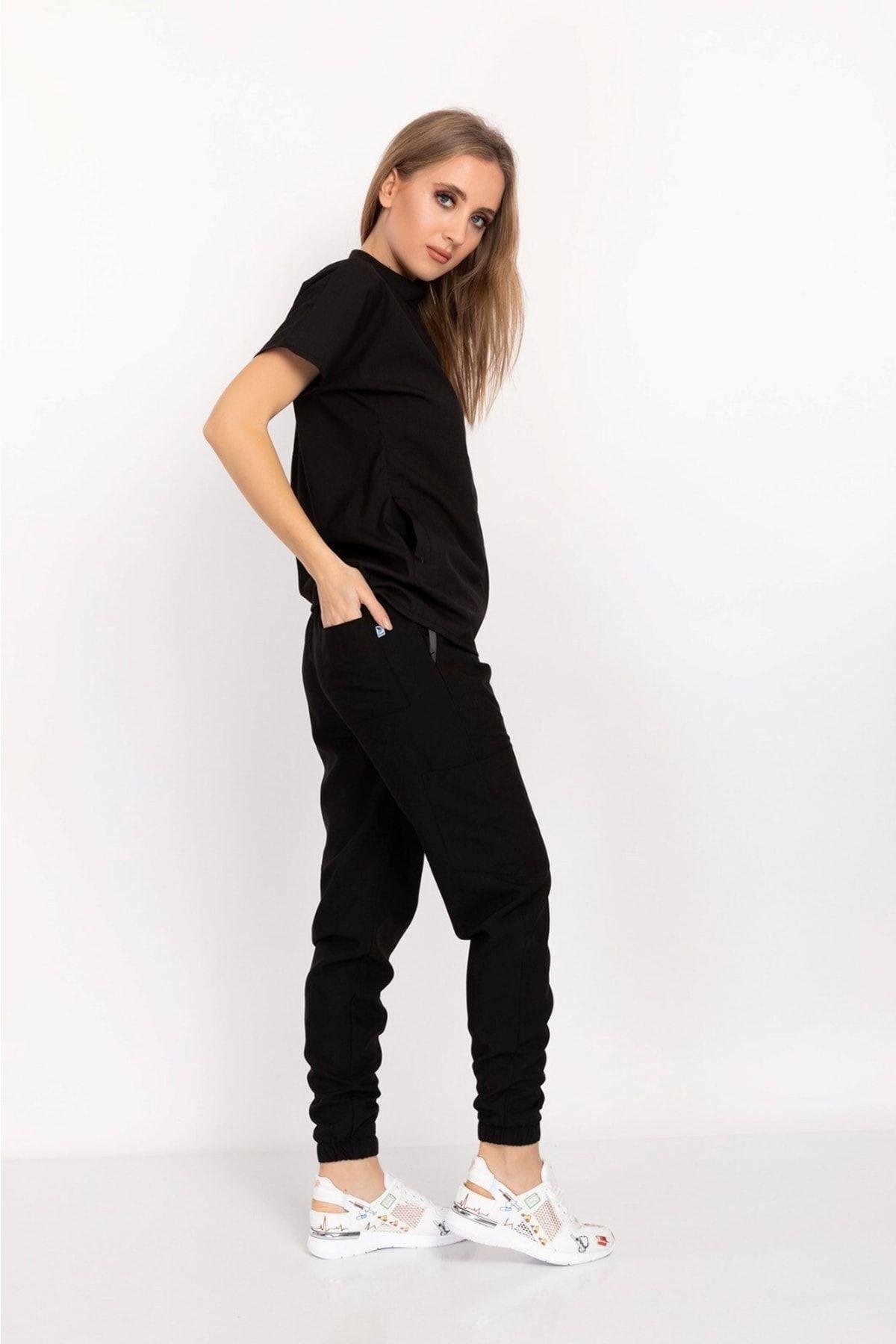 Siyah Renk Çıt Çıtlı Hakim Yaka Soft Likra Doktor, Hemşire, Hastane, Nöbet Forma Takım-Nur Medikal Giyim