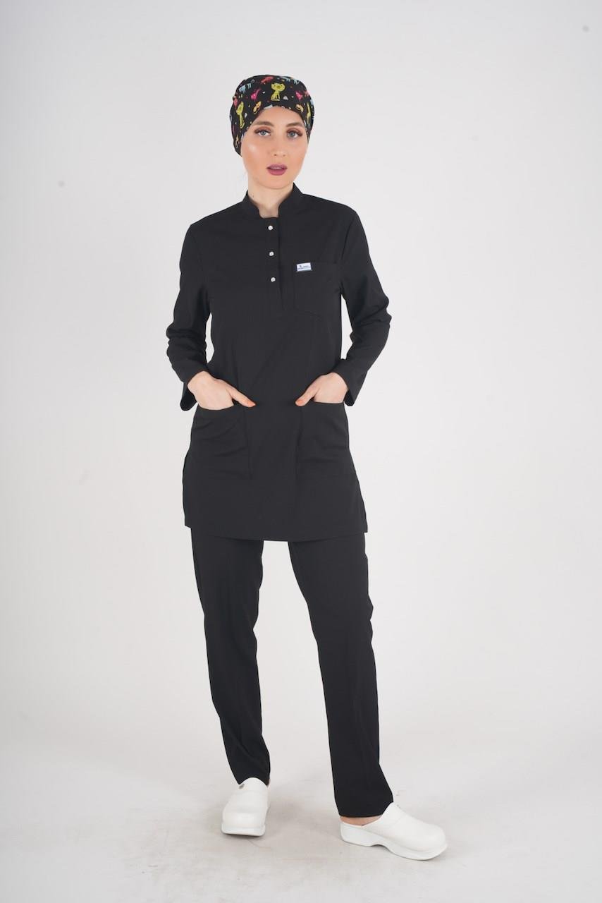 Siyah Renk Sakura Model Tesettür Doktor Hemşire Scrubs Üniforma Takımı-Nur Medikal Giyim