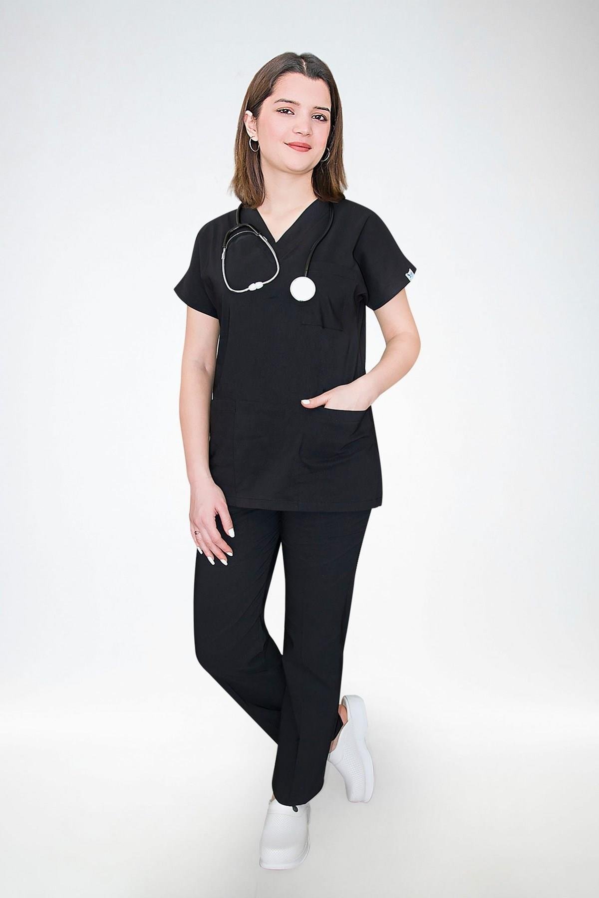 Siyah Soft Likra Doktor Hemşire Hastane Cerrahi Üniforma Takım-Nur Medikal Giyim