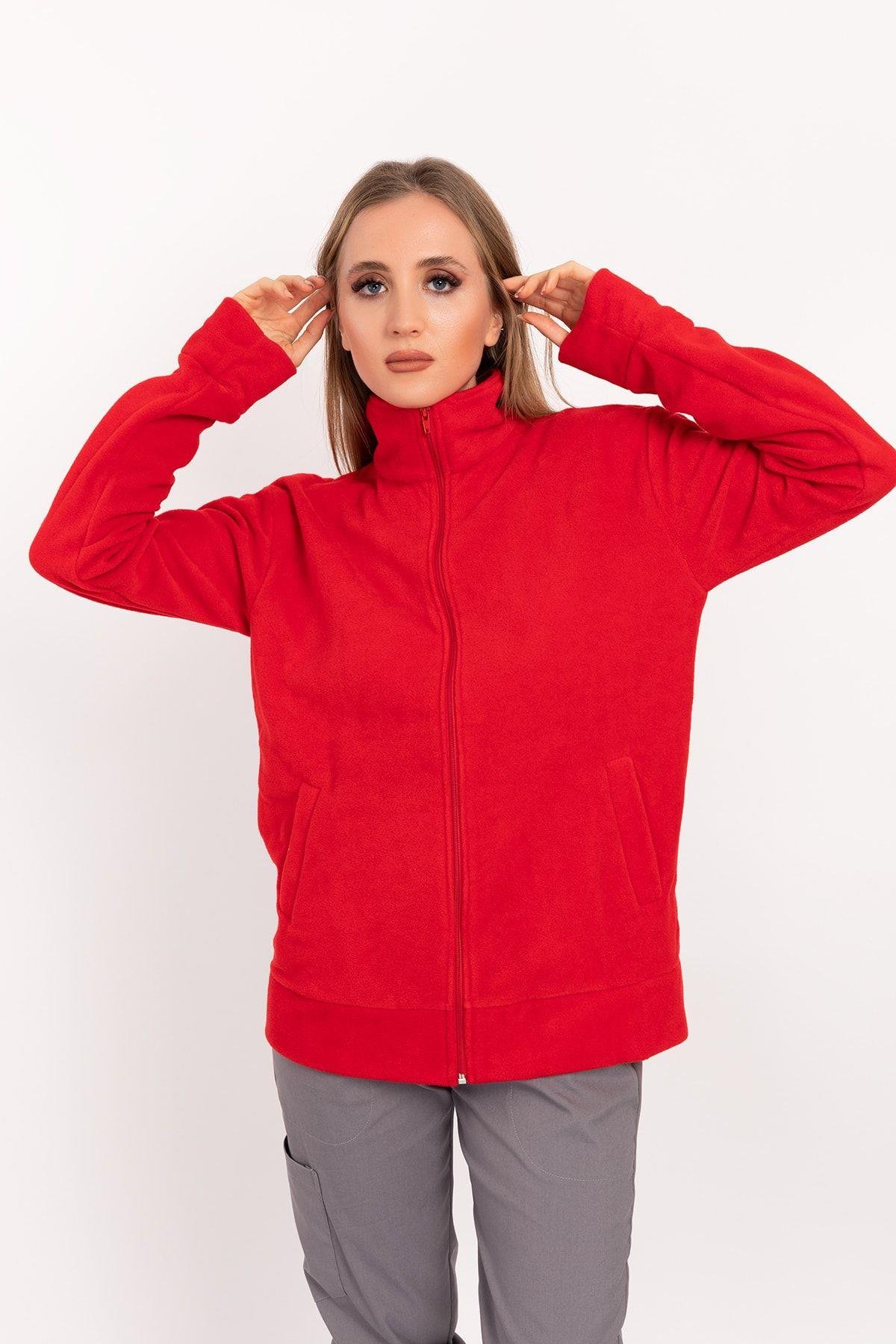 Tek Üst Polar Ceket Kırmızı-Nur Medikal Giyim