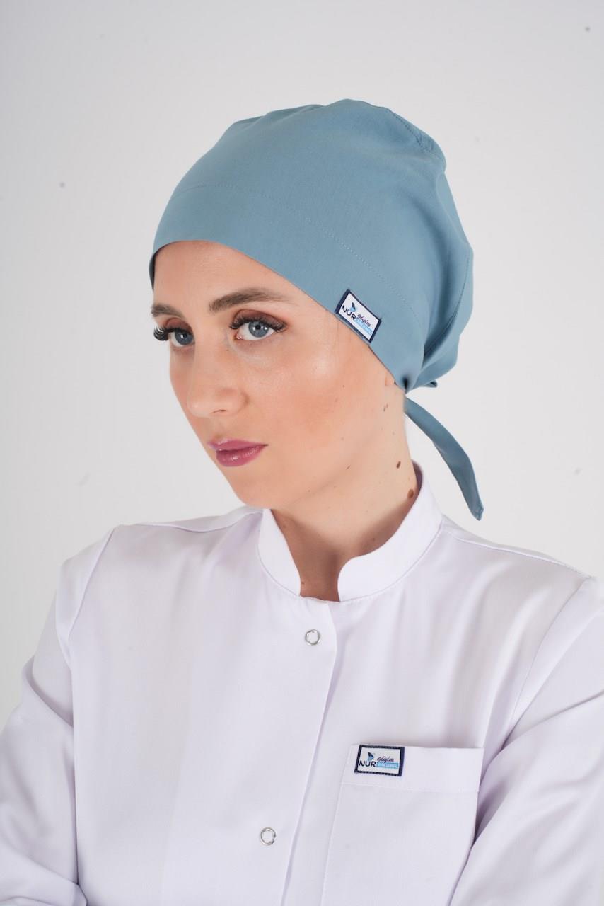 Tesettür Düz Cool Petrol Doktor Hastane Aşçı Hemşire Tesettür Cerrahi Bonesi-Nur Medikal Giyim