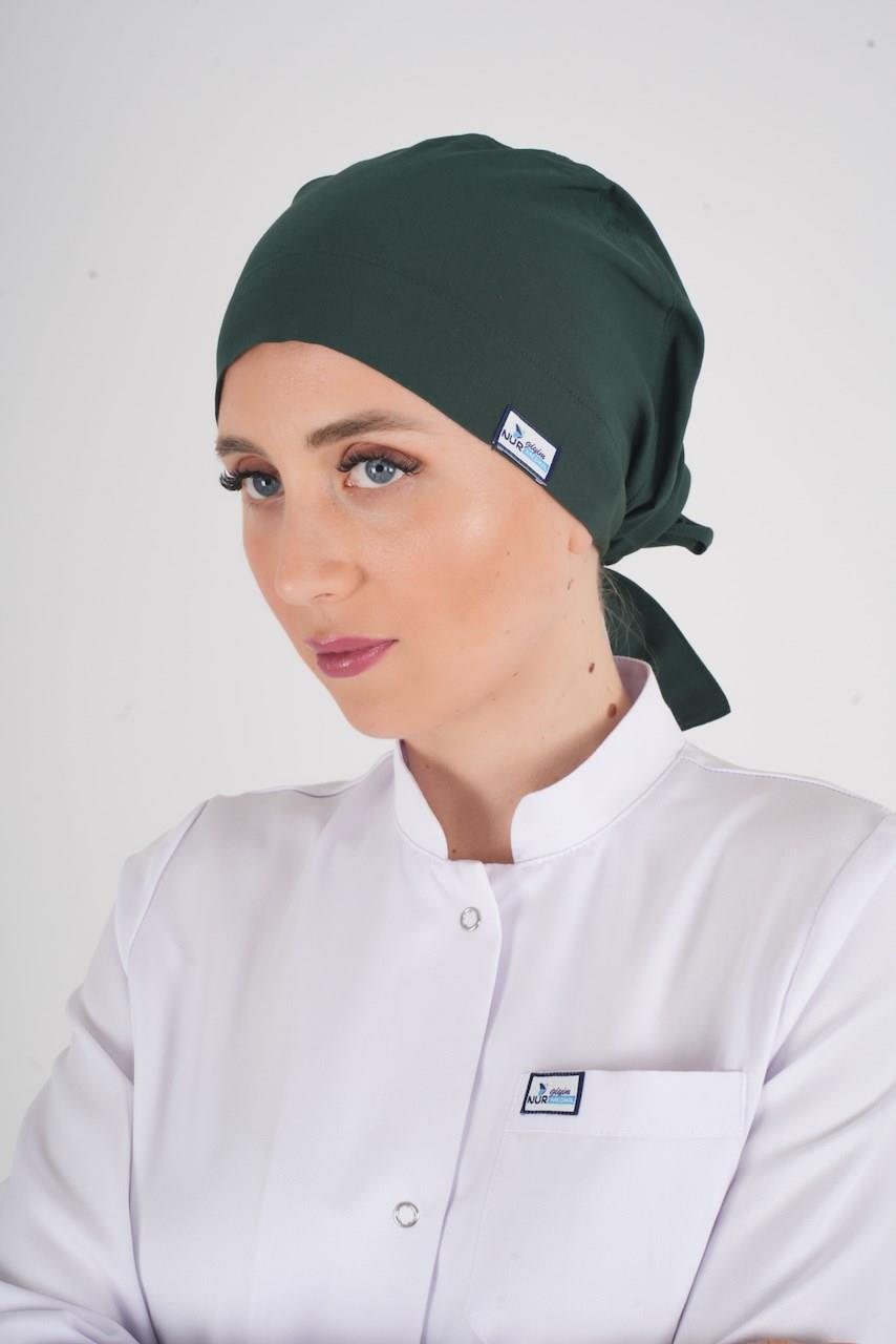 Tesettür Düz Ördekbaşı Yeşili Hemşire Doktor Hastane Ameliyat Cerrahi Tesettür Bonesi-Nur Medikal Giyim