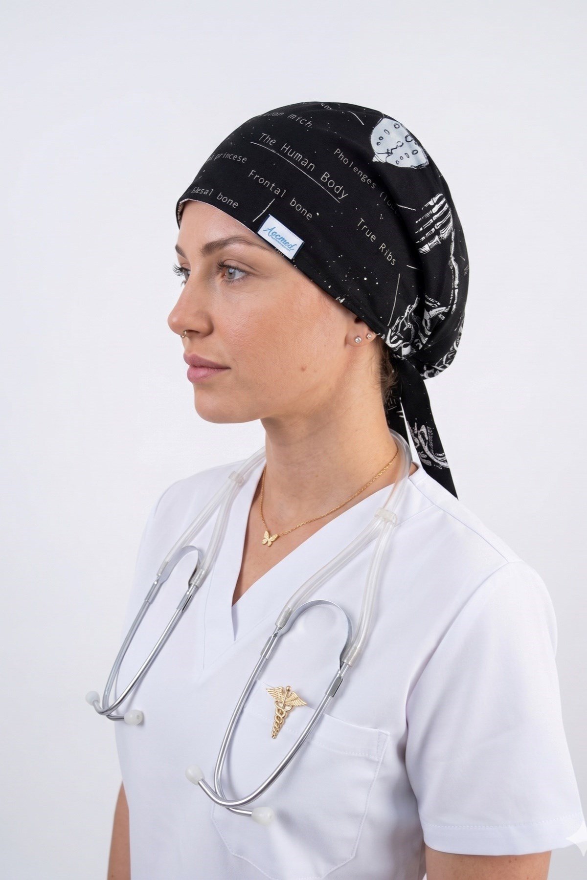 Tesettür İskelet Desenli Doktor Hemşire Hastane Aşçı Cerrahi Tesettür Bonesi-Nur Medikal Giyim
