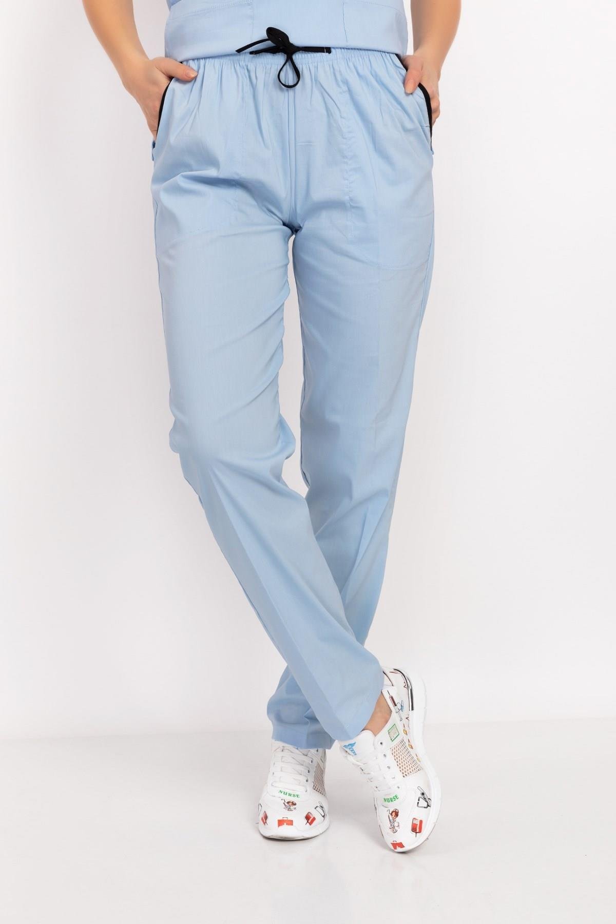 Unisex Bebe Mavi Soft Likralı Hemşire Doktor Hastane Tek Alt Pantolon-Nur Medikal Giyim