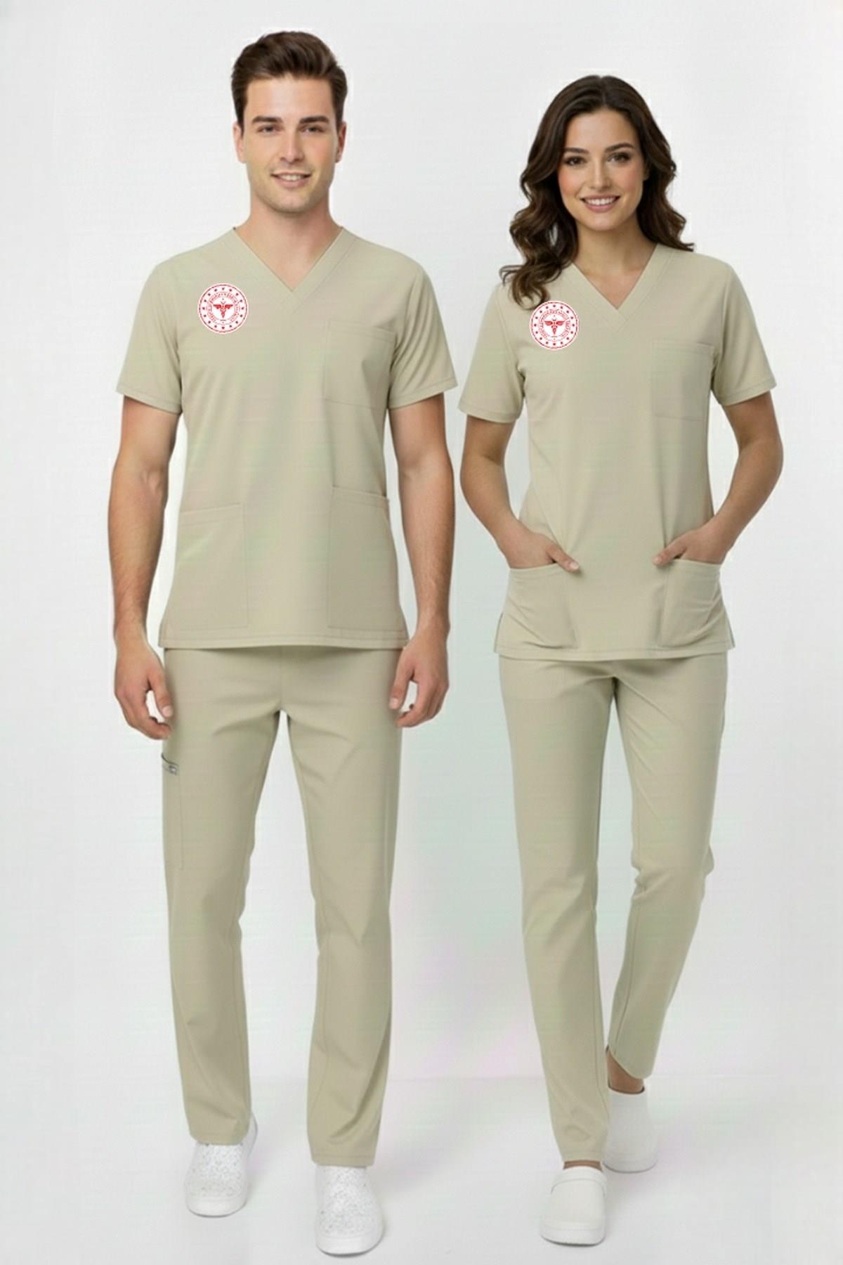 Unisex Bej Moth Teknisyen Tekniker Tıbbı Sekreter Scrubs Üniforma Takım (Sağlık Bak.Yeni Yön.Uygun)-Nur Medikal Giyim